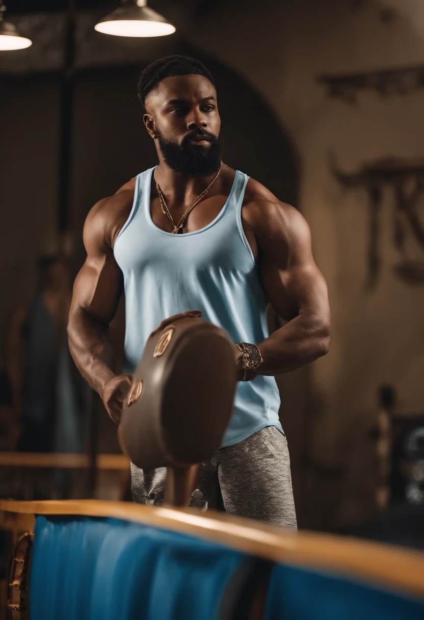 Um homem africano que se exercita em casa com cabelos pretos raspados pelas laterais e com corte nudred por cima, Dressed in a white tank top and blue shorts with muscular body and with a lion tattoo on his shoulder