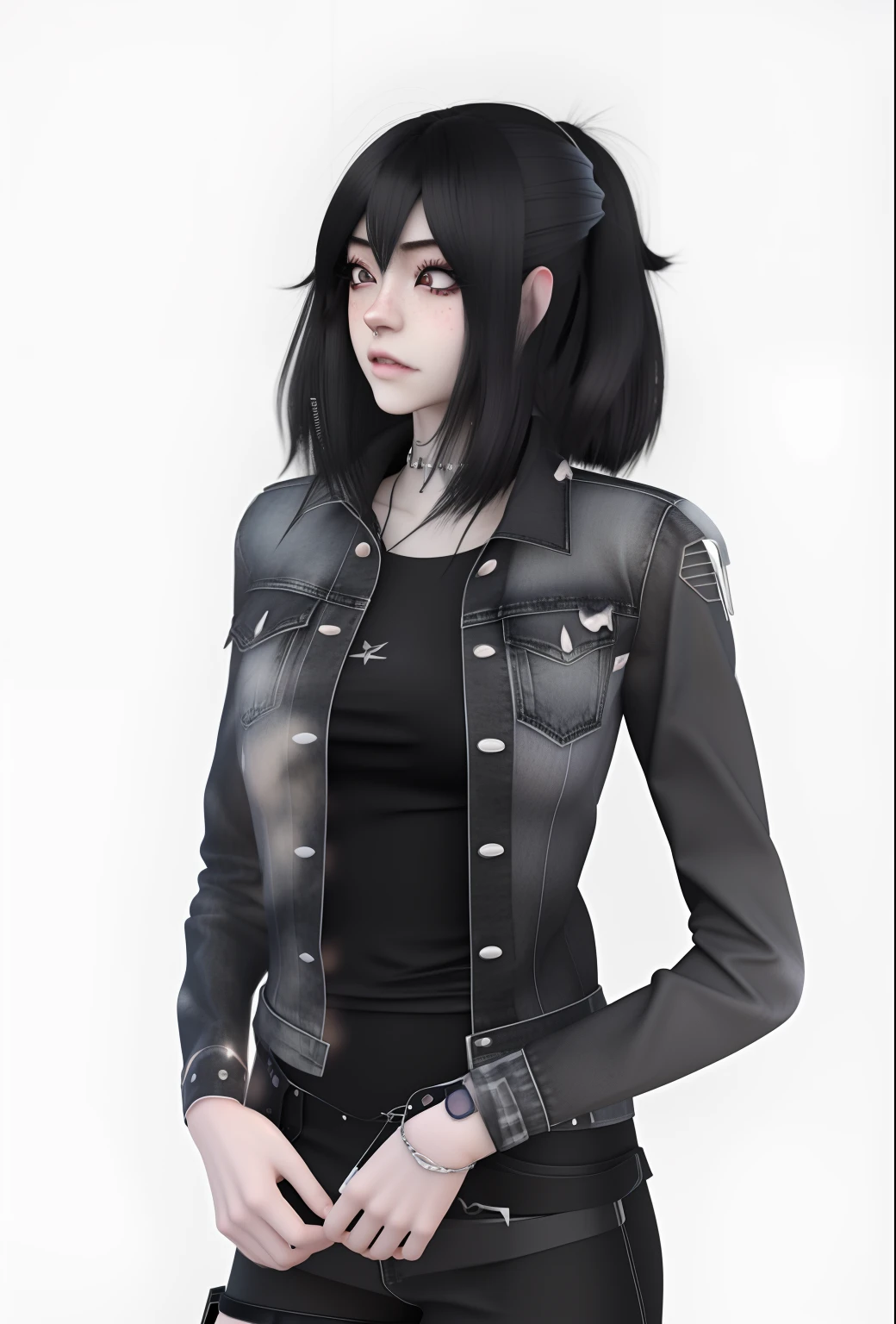 Close-up of man in black shirt and denim jacket, anime styled 3d, Anime style. 8K, jet black haired cyberpunk girl, realistic anime 3 d style, 1 7 - year - old anime goth girl, highly detailed full body, render of april, Emo anime girl, The anime style is hyper detailed