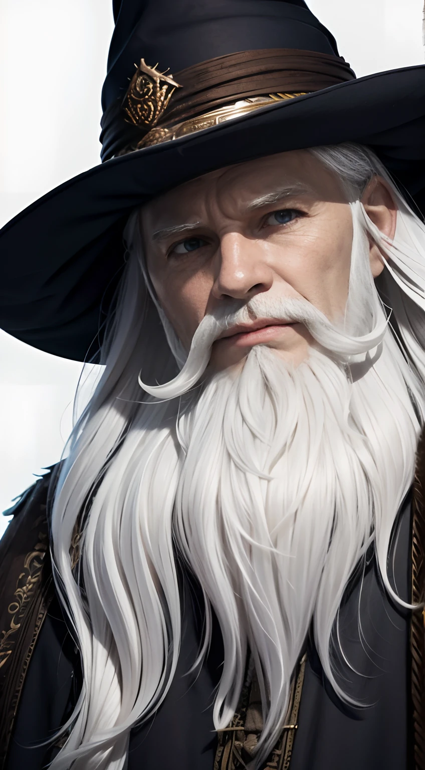 Create a full-body wizard character with rustic and mystical clothes, perfect and gentle face, BEARD AND LONG WHITE HAIR, must have a captivating, friendly, ultra realistic appearance, 8k, white background.