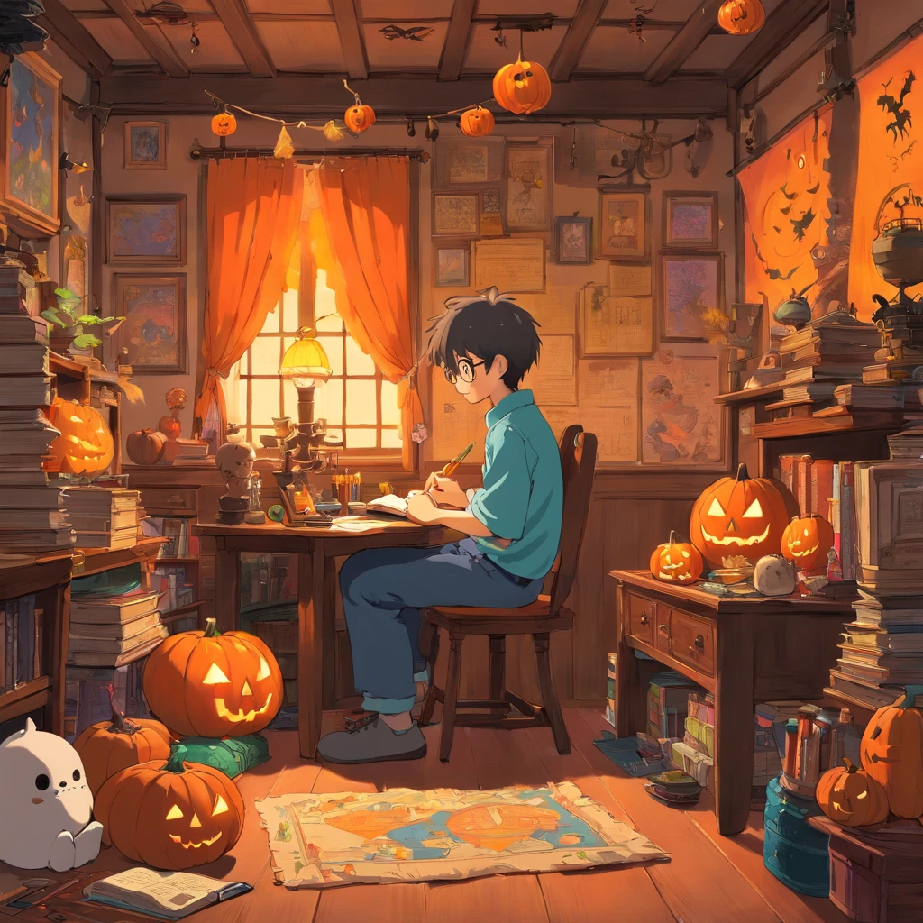 A boy sitting in his room studying around him has decorations for Halloween