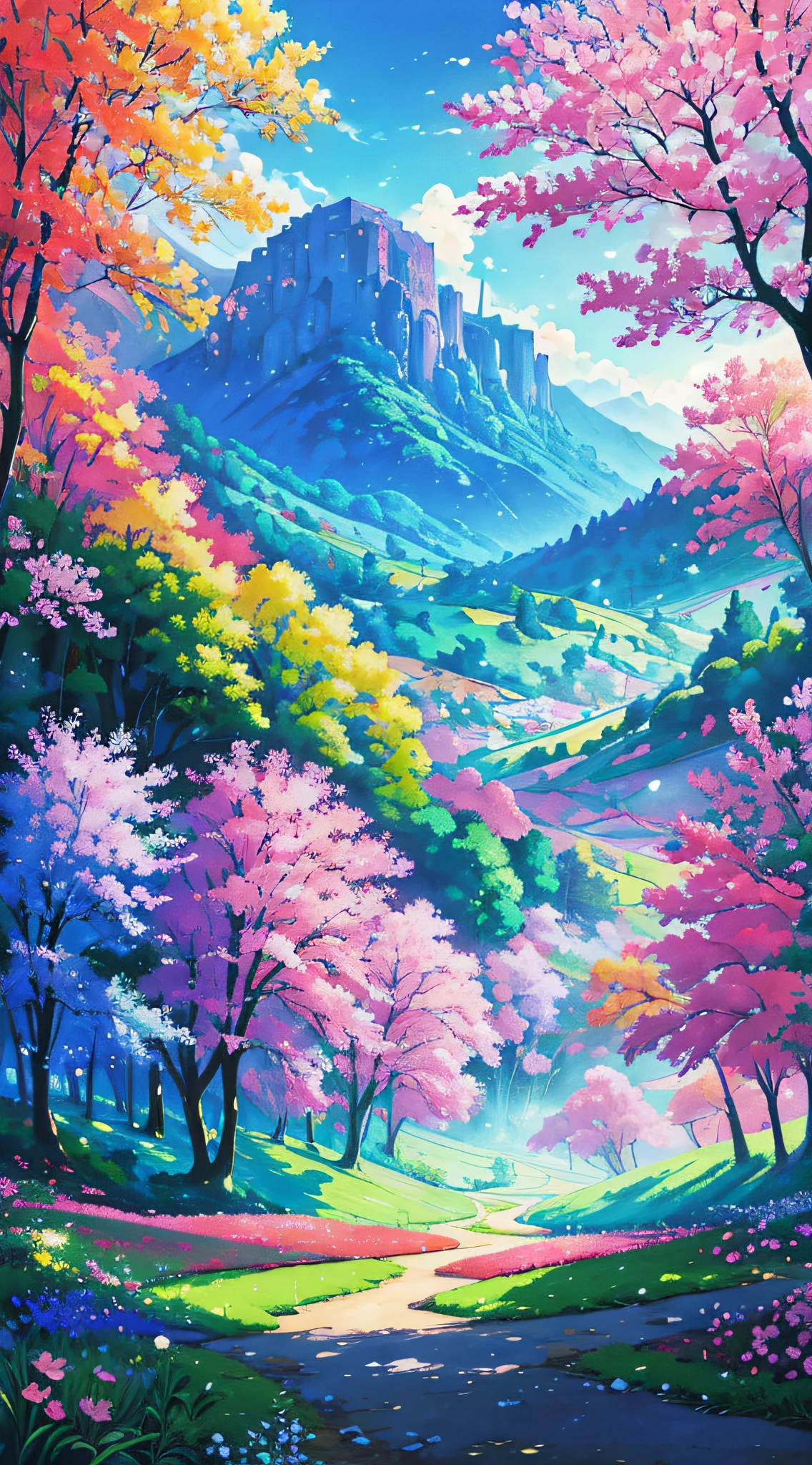 There is a painting of a colorful landscape with trees and flowers, vibrant gouache painting scenery, pintura de paisagem colorida, paisagem campestre anime, paisagem brilhante, scenic colorful environment, Jen Bartel, Paisagem do anime, arte de fundo do anime, anime bela cena de paz, scenery art detailed, Arte bonita UHD 4K, beautiful anime scenery, pintura digital colorida, paisagem de sonho, papel de parede de paisagem anime