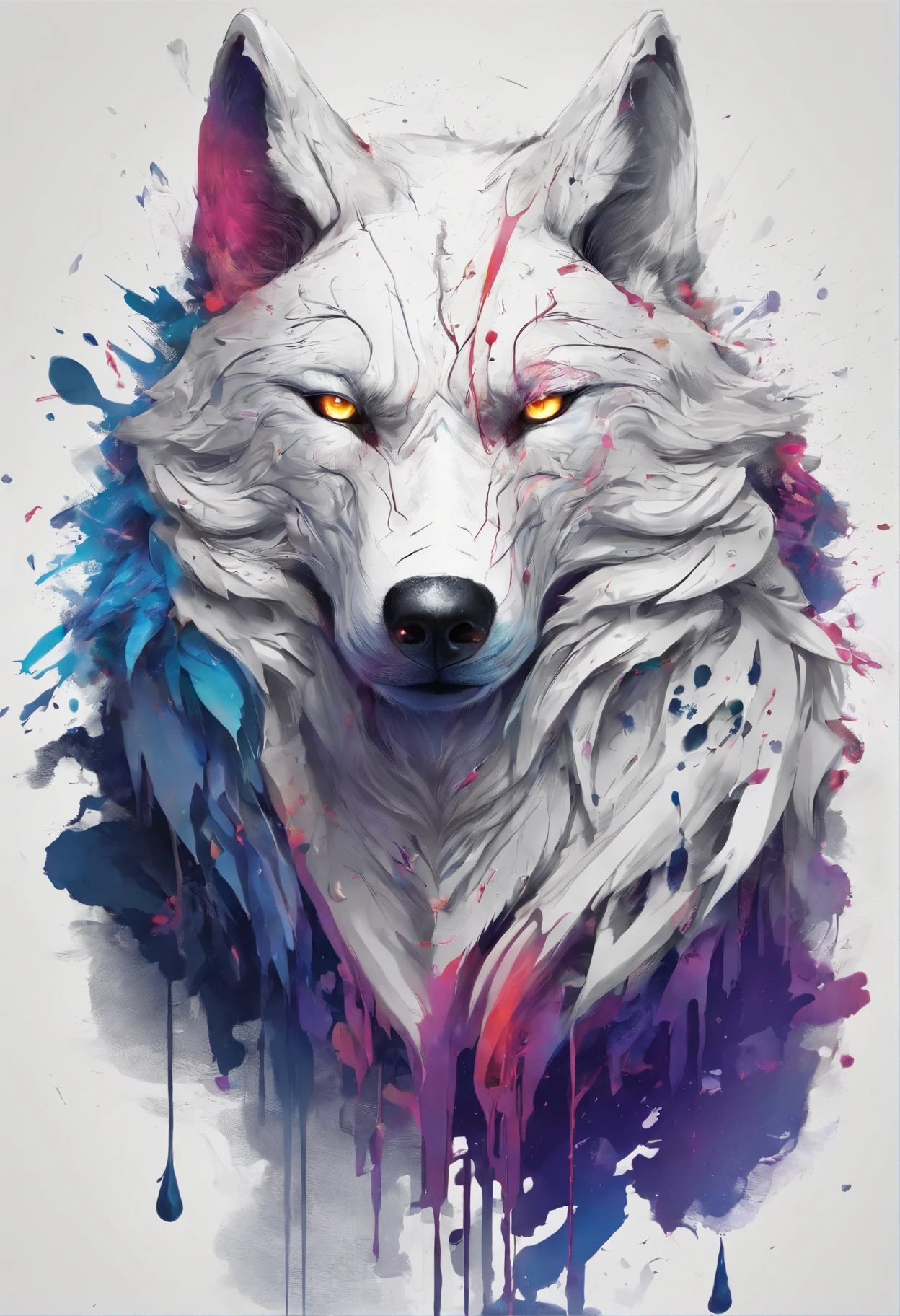 Splash art, a wolf head, ((white background)), piercing eyes, epic Instagram, artstation, splash style of colorful paint, contour, hyperdetailed intricately detailed , unreal engine, fantastical, intricate detail, splash screen, complementary colors, fantasy concept art, 8k resolution, deviantart masterpiece, oil painting, heavy strokes, paint dripping, splash arts