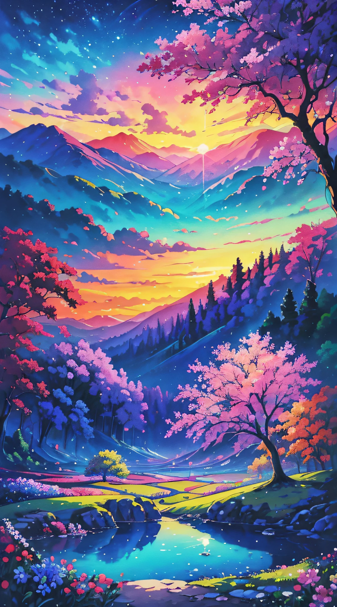 There is a painting of a colorful landscape with trees and flowers, vibrant gouache painting scenery, pintura de paisagem colorida, paisagem campestre anime, paisagem brilhante, scenic colorful environment, Jen Bartel, Paisagem do anime, arte de fundo do anime, anime bela cena de paz, scenery art detailed, Arte bonita UHD 4K, beautiful anime scenery, pintura digital colorida, paisagem de sonho, papel de parede de paisagem anime