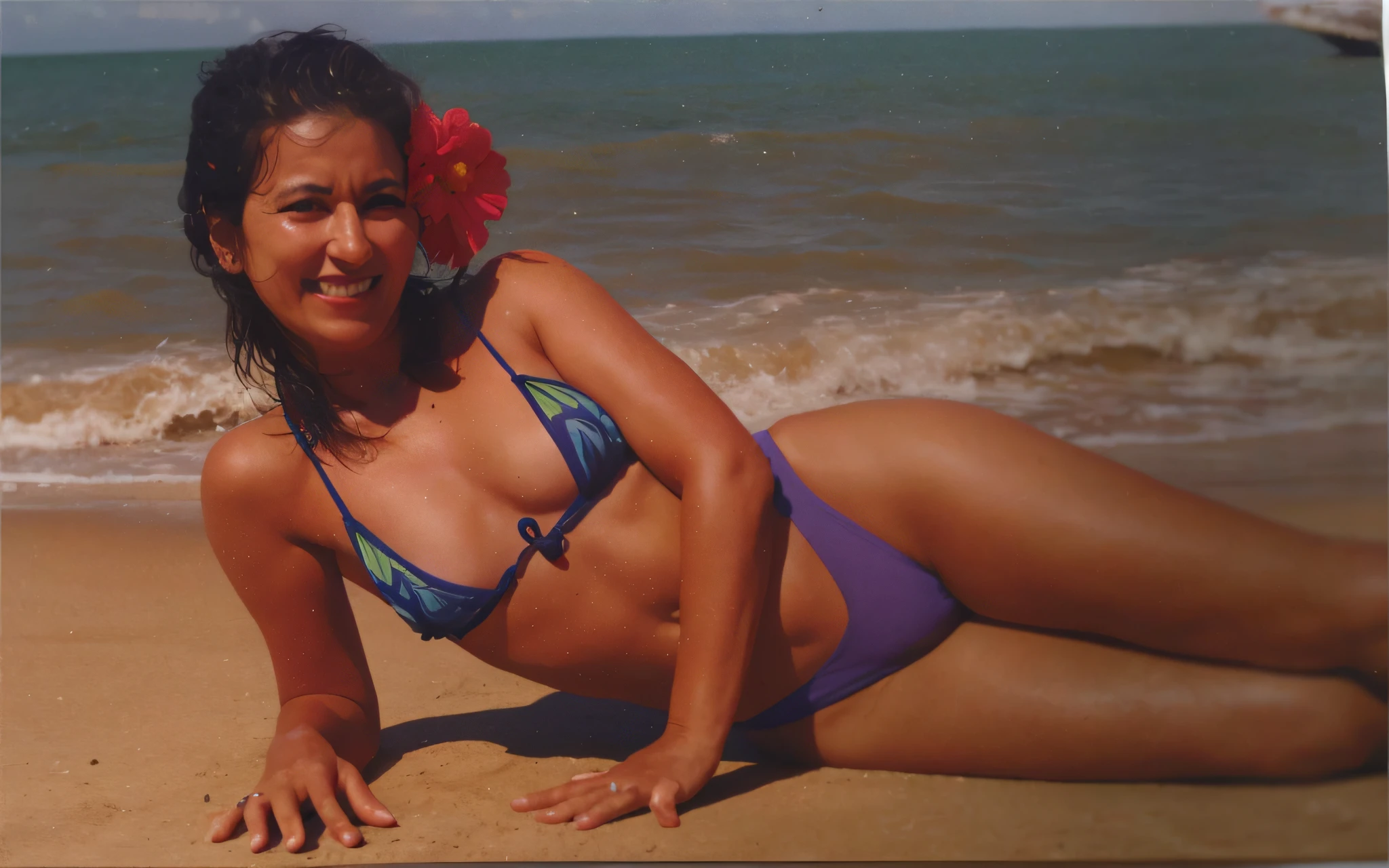 There's a woman in a bikini lying on the beach, mulher brasileira, fio dental, Foto colorida dos anos 90, 3 5 year brazilian mother, posando na praia, Mulher de 30 anos de Cuba, Sandra Chevier, taken in the early 1990s, em seus primeiros 3 0, foto de praia, cerca de 3 5 anos
