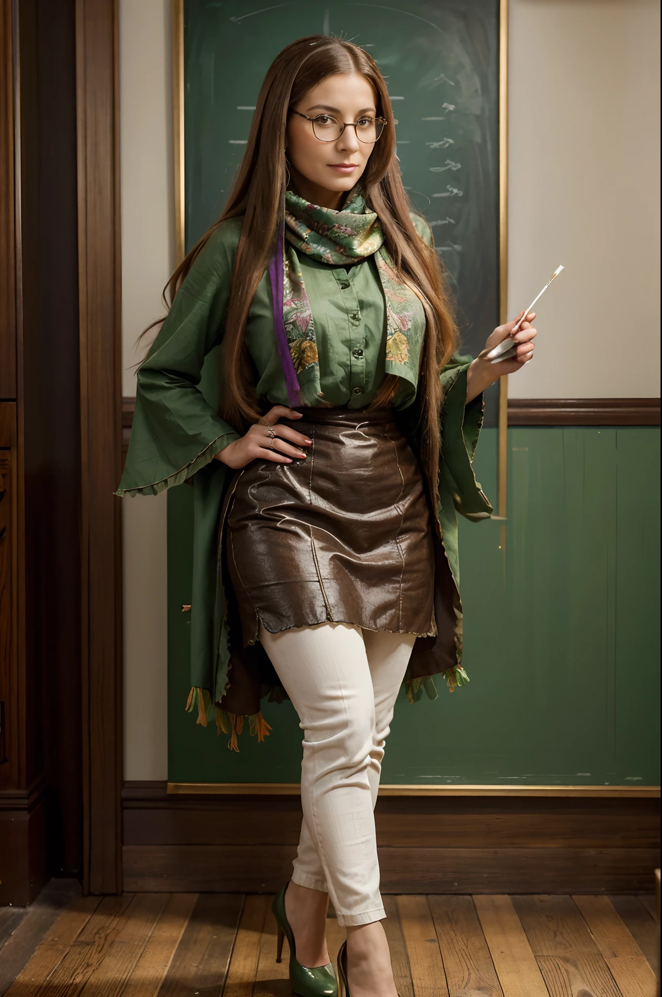 (best quality,realistic:1.37),medium:oils,an elegant mature milf with long colored hair, wearing glasses and a scarf. She is dressed in a retro fashion inspired by the 1890s, with clothing made of lettuce leaves and vegetables. Her outfit is completed with high heels. The painting should have a portrait style, featuring vibrant colors and a warm lighting.