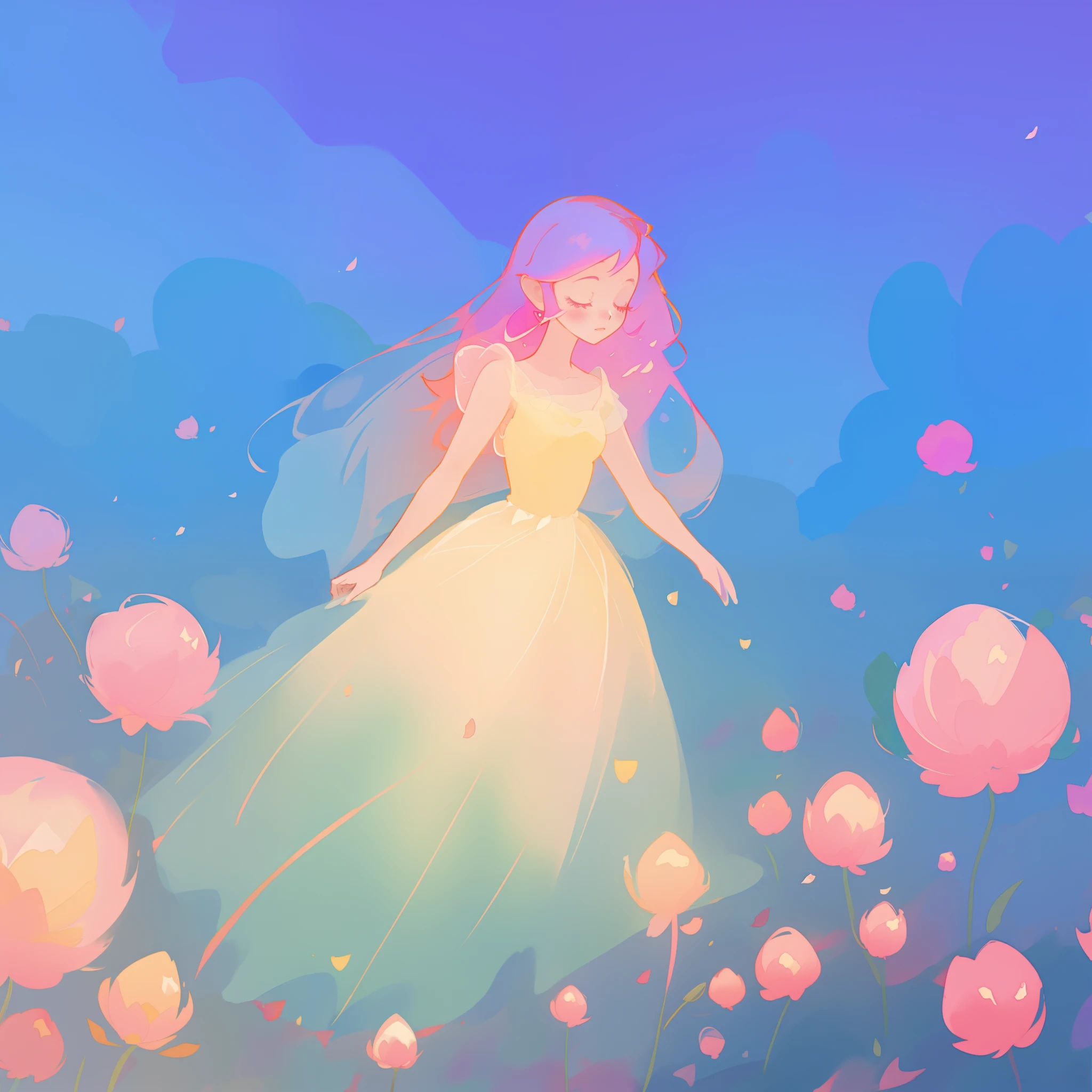 beautiful girl in puffy glowing ballgown, a field with round puffball pink flowers, otherworldly flowers, whimsical landscape, long pink flowing hair, watercolor illustration, inspired by Glen Keane, inspired by Lois van Baarle, disney art style, by Lois van Baarle, by Glen Keane, jen bartel, digital painting, beautiful digital illustration, fantasia otherworldly landscape plants flowers, beautiful, masterpiece, best quality, anime disney style