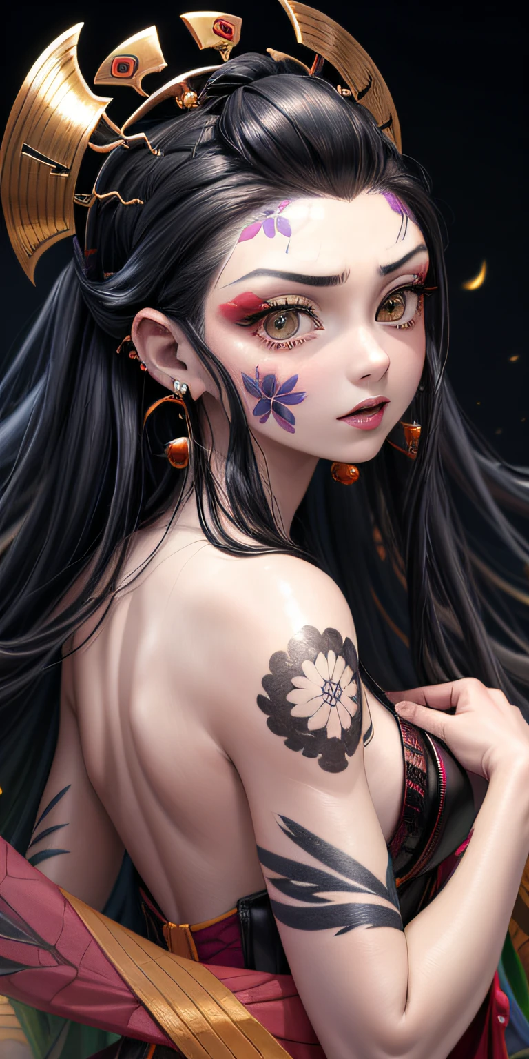 Rabia、State of confusion、Luna hermosa、Luna perfecta、Cielo estrellado perfecto, GTS, Detalles altos, El ultra-detailliert, Pintura de detalles ultrafinos,(cuerpo completosbian)、Super beautiful Asian woman in Oiran costume(Cara como la cosa real)　Tatuajes alrededor de los ojos、 (Una dama),8k,numerosos piercings en las orejas、Muchos piercings en la cara、Piercings corporales、tatuajes faciales、Tatuajes alrededor de los ojos、Cabello largo y negro、Kimono rojo, blanco y dorado,Apertura de senos、ojos grandes、(long eyeslashes:1.3)、 (very long eyelashes), ethnic tattoos, (Tatuajes que cubren todo el cuerpo), (Muchos tatuajes), tatuajes en el pecho, tatuajes en los brazos, tatuaje de dedo, (tatuajes en todo el pecho), beautiful features, Rasgos faciales neutros、Luz de luna　Flor Kui　tentador　Ver Invita a tu audiencia