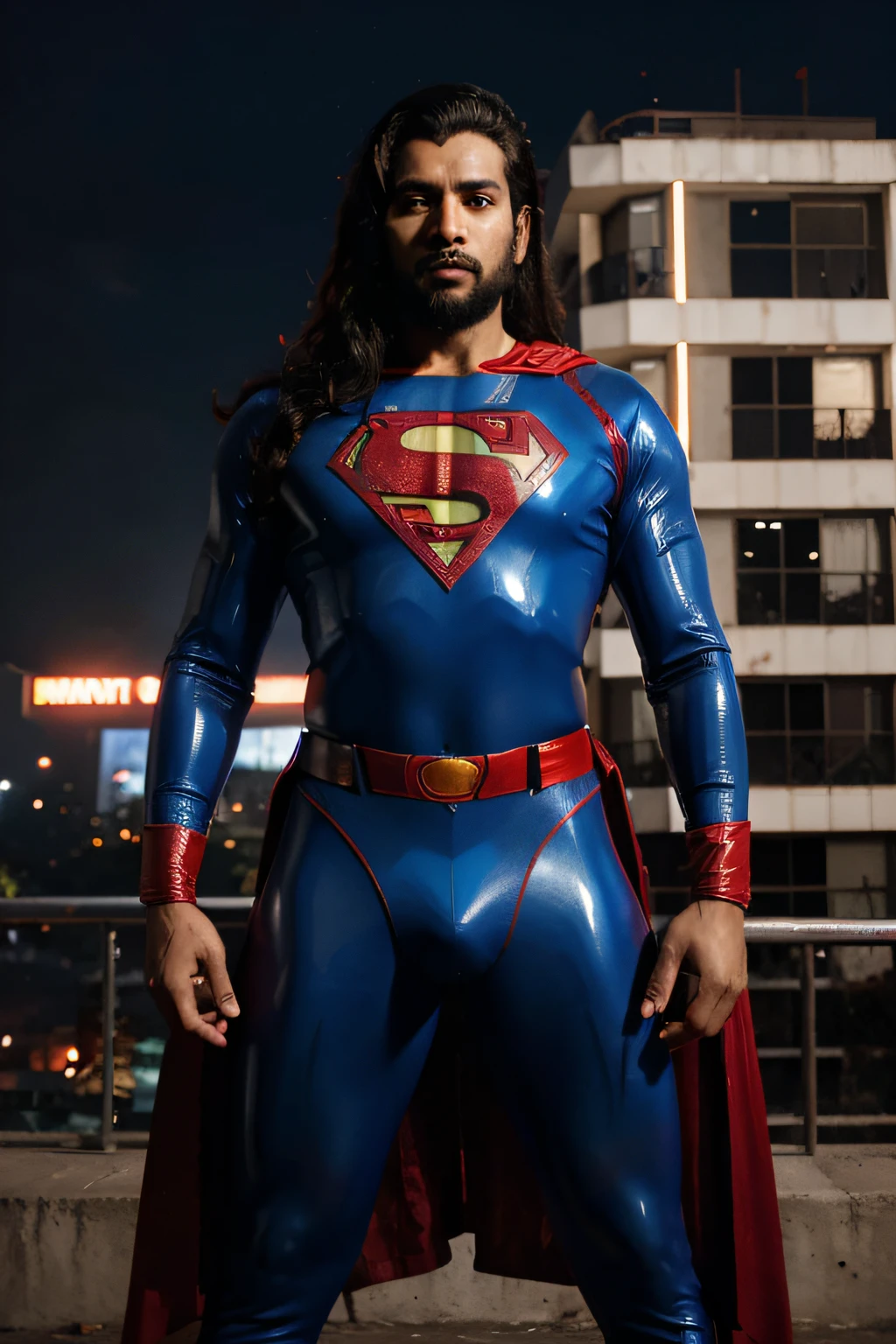 Indian Man in Shiny Red-Blue Superman Costume, Medium Long curly Hair falling aside face, Beards, Blue Latex Full Sleeve Long Shirt, Red Latex Underwear over Blue Latex Pants, Red Cape, Big Dick, Bulky Physique, Standing, Crossed Arms, Dark Semi-ruined Cyberpunk City in Background
