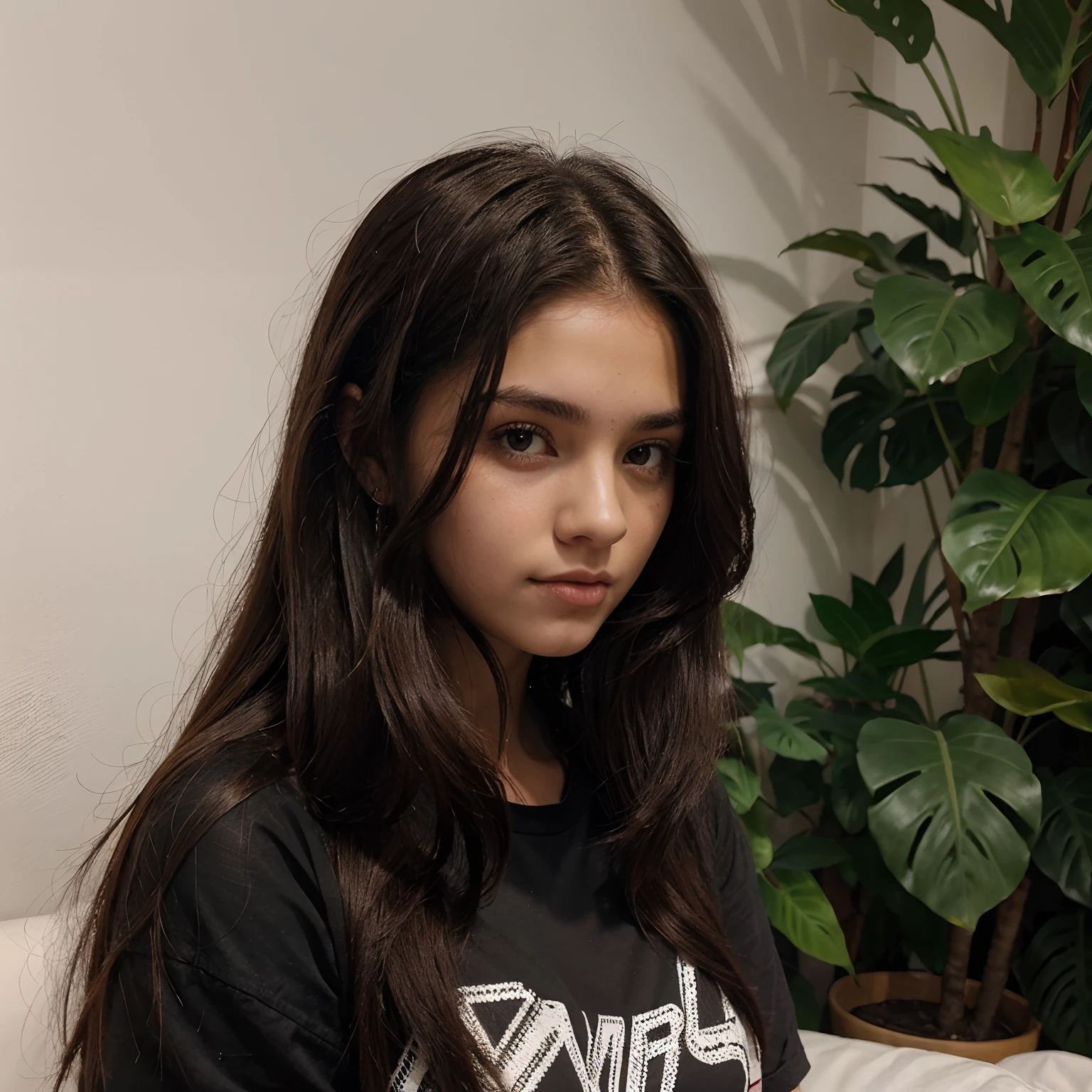 Uma adolescente, 16 anos, bonita, cabelo preto, morena, mid hair, com franja, cabelo liso, realista, sexy, nua, mostrando os peitos, medium size chest
