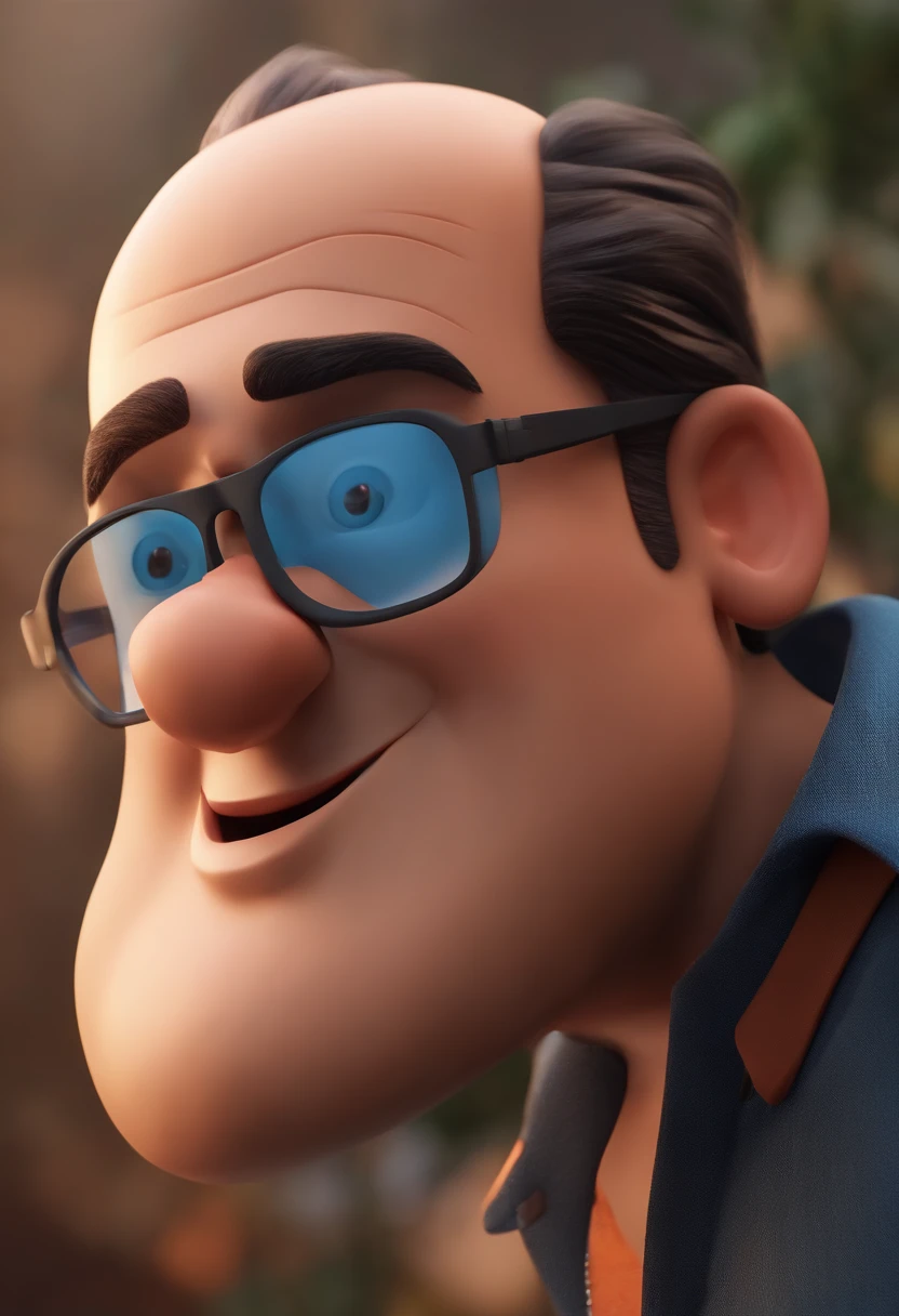 Cartoon character of a man wearing black glasses and a blue shirt, um personagem animado, Caractere estilizado, animation style rendering, 3D estilizado, Arnold Maya render, 3 d render stylized, toon render keyshot, Personagem 3D, Personagem 3D, 3d rendering stylized, 3 d character render, personagem de desenho animado, Personagem de close up, Pose de personagem, (Estilo Pixar) (master part:1.2) (Bokeh) (best quality) (pele detalhada) (textura detalhada) (8k) (argila) (Cinematic lighting) (foco nítido,Senta e vaza a parte superior do corpo