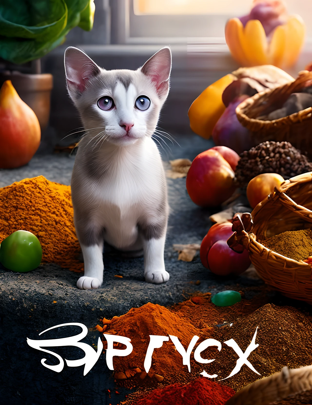 disney pixar movie poster titled "Spice" in the image include a grey stripped siamese cat