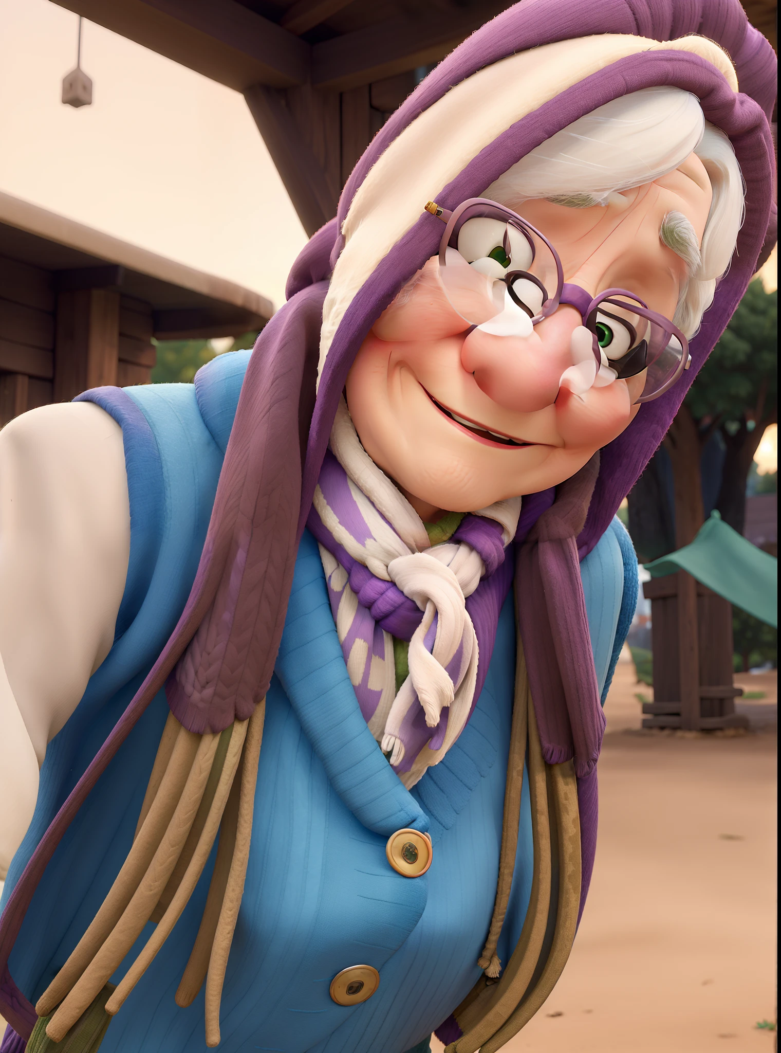 masterpiece, best quality, an old woman with glasses and a scarf on, wearing a purple coat and green scarf, standing at the park