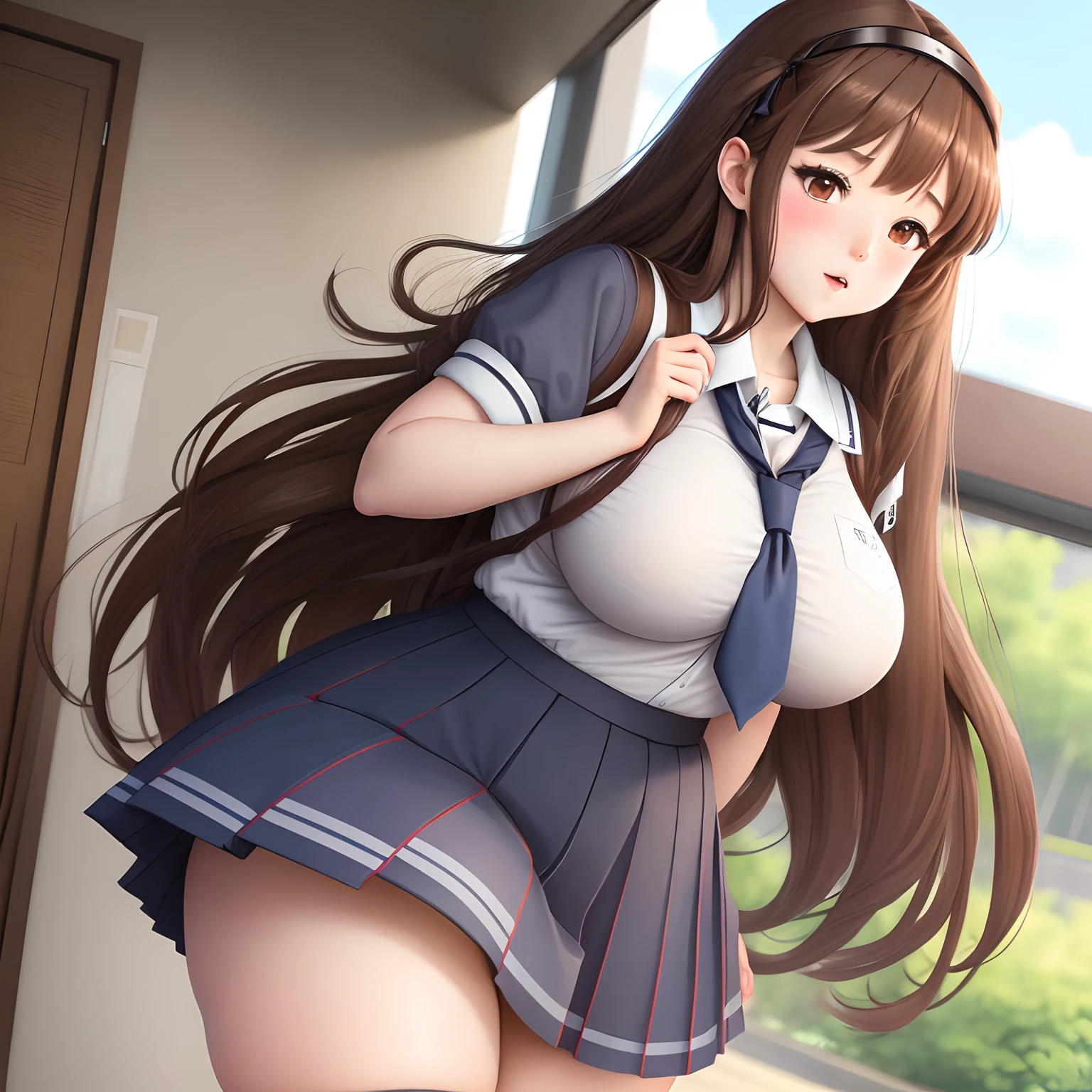Anime schoolgirl thick thighs long brown hair big tits
