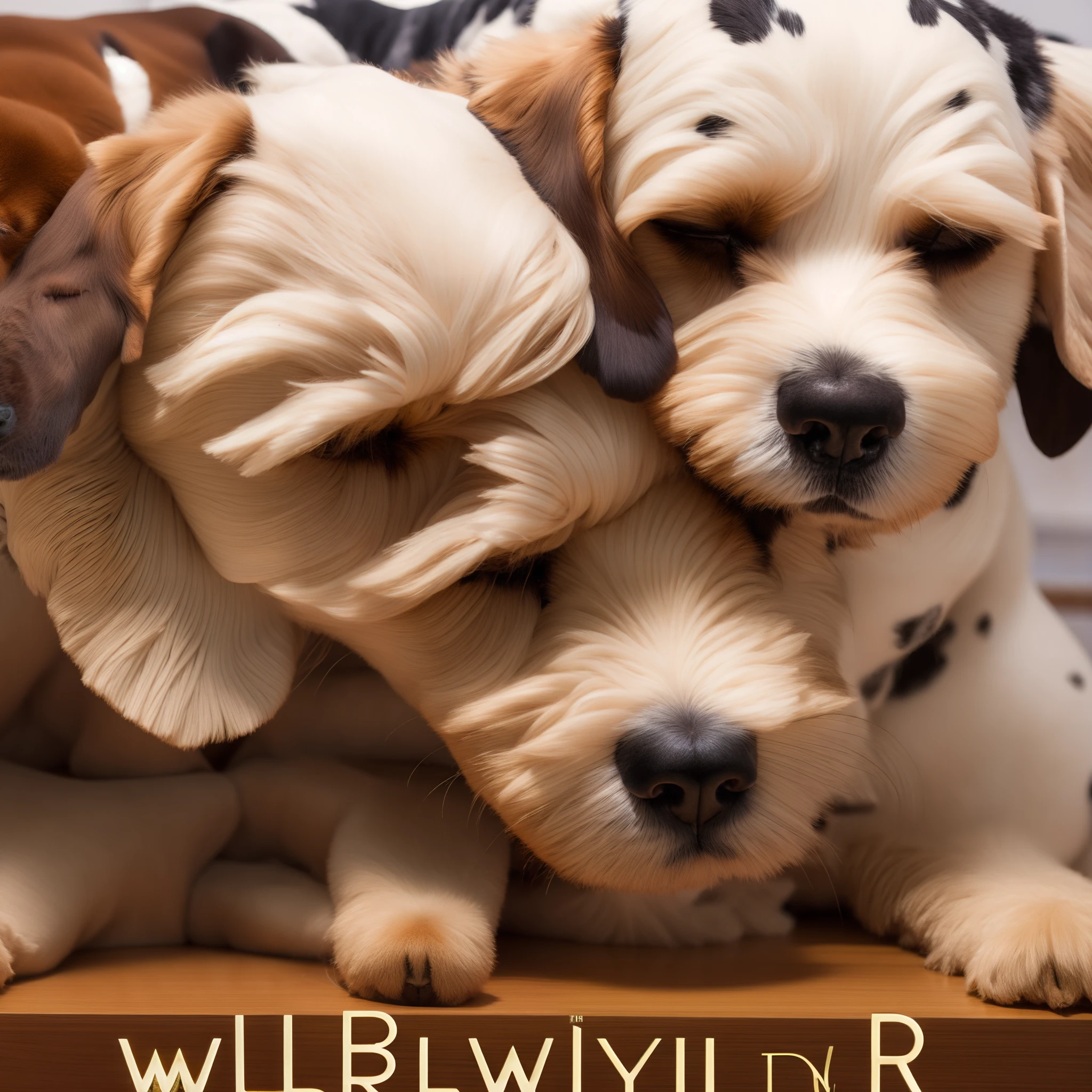 dient pixar poster titled “Willow” with a tan female golden doodle cartoon sleeping with a dalmatian stuffed animal
