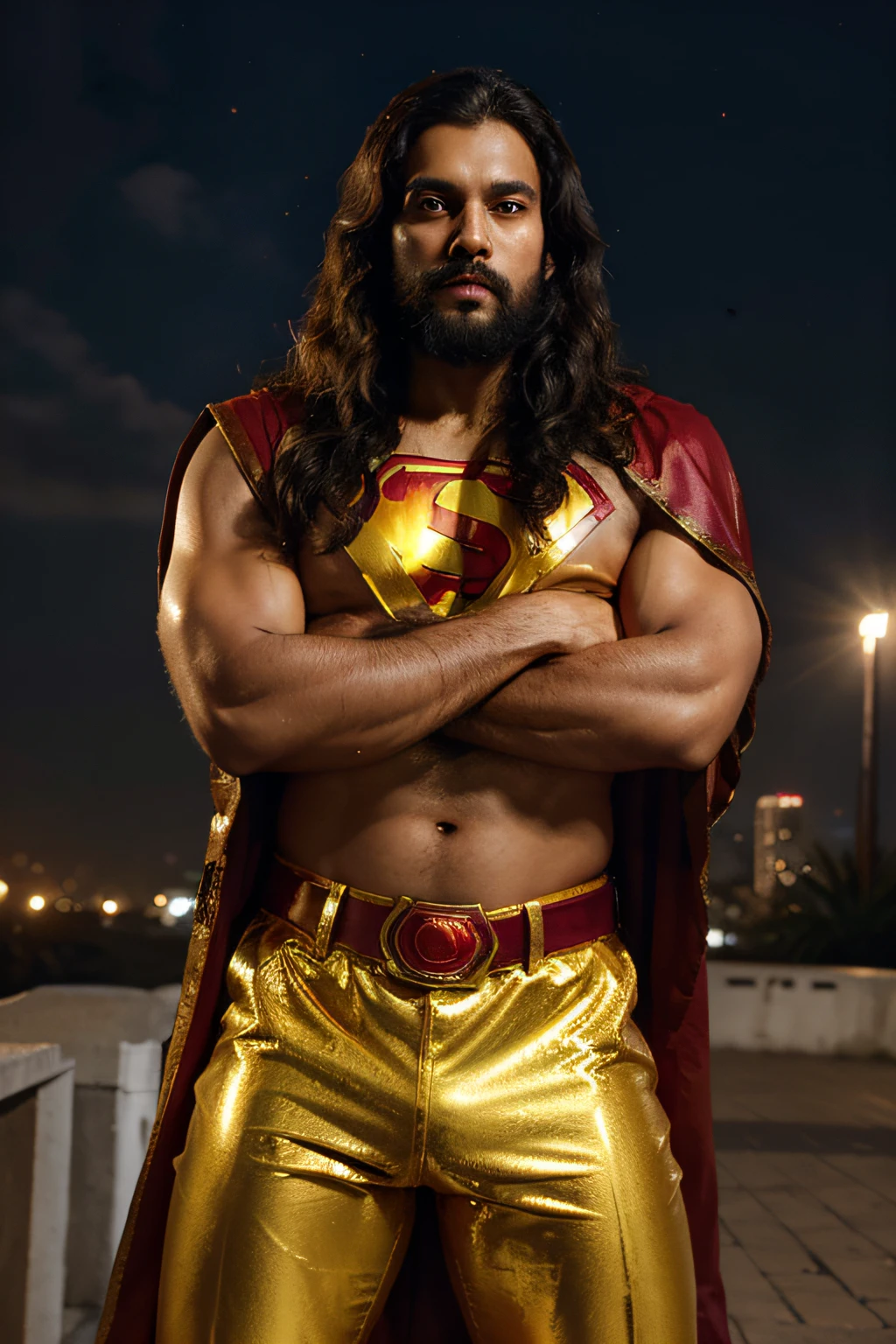 Indian Man in Shiny Tight Golden Leather Underpants, Bare Body, Medium Long curly Hair falling aside face, Beards, Red Cape, Superman Symbol Gold Belt, Big , Bulky Physique, Standing, Crossed Arms, Hairy Body, Dark Semi-ruined Cyberpunk City in Background