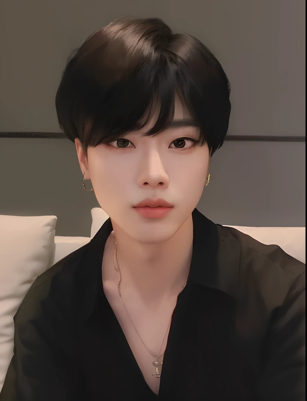 Woman with a black shirt and a necklace sitting on a sofa, Kim Doyoung, Parque Jimin, Hyung Tae, Jimin, Jimin\Plump lips, com cabelos curtos, Jung Jaehyun, TaeJune Kim, Rosto Jimin preciso, Hong June Hyung, Hyung Tae Kim, Jimin\Nariz grego, Jimin\'s right eyelid swollen