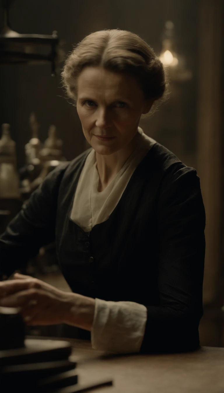 Photo HD au premier plan,Le visage de Marie Curie qui regarde la caméra à son travail