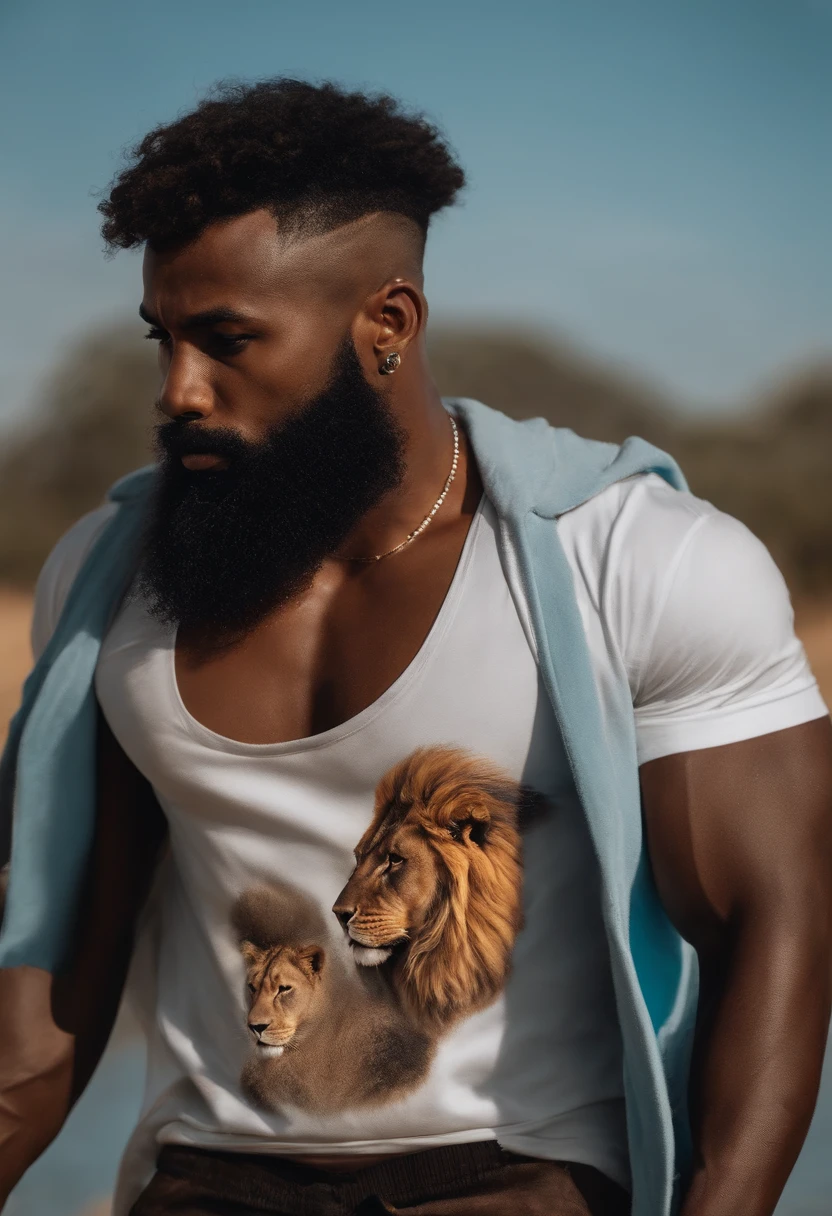 Um homem africano que se exercita em casa com cabelos pretos raspados pelas laterais e com corte nudred por cima, Dressed in a white tank top and blue shorts with muscular body and with a lion tattoo on his shoulder