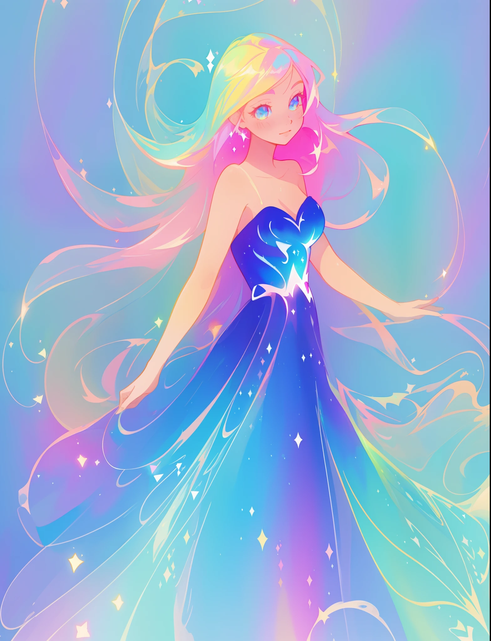 beautiful anime girl in colorful rainbow ballgown, ((sparkling)), vibrant pastel colors, (colorful), magical lights, flowing colorful hair, inspired by Glen Keane, inspired by Lois van Baarle, disney art style, by Lois van Baarle, glowing aura around her, by Glen Keane, jen bartel, glowing lights! digital painting, flowing glowing hair, glowing flowing hair, beautiful digital illustration, fantasia background, whimsical, magical, fantasy, beautiful face, ((masterpiece, best quality)), intricate details, highly detailed, sharp focus, 8k resolution, sparkling detailed eyes, liquid watercolor