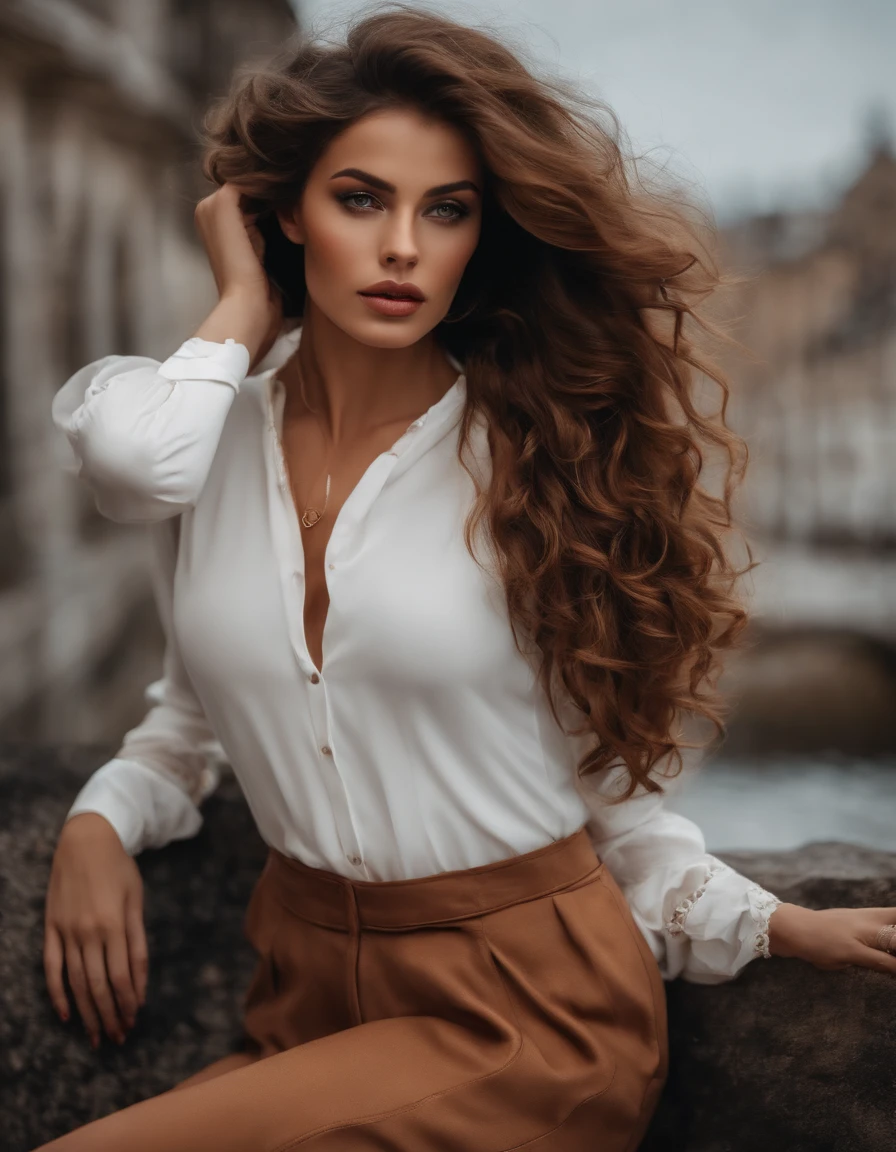 ((Belle fille Serbe, Corps moyen, beau visage, Débardeur blanc, vêtements hiver, talons hauts, Jambes sexy, cuisses épaisses, ), cheveux ondulés marron,