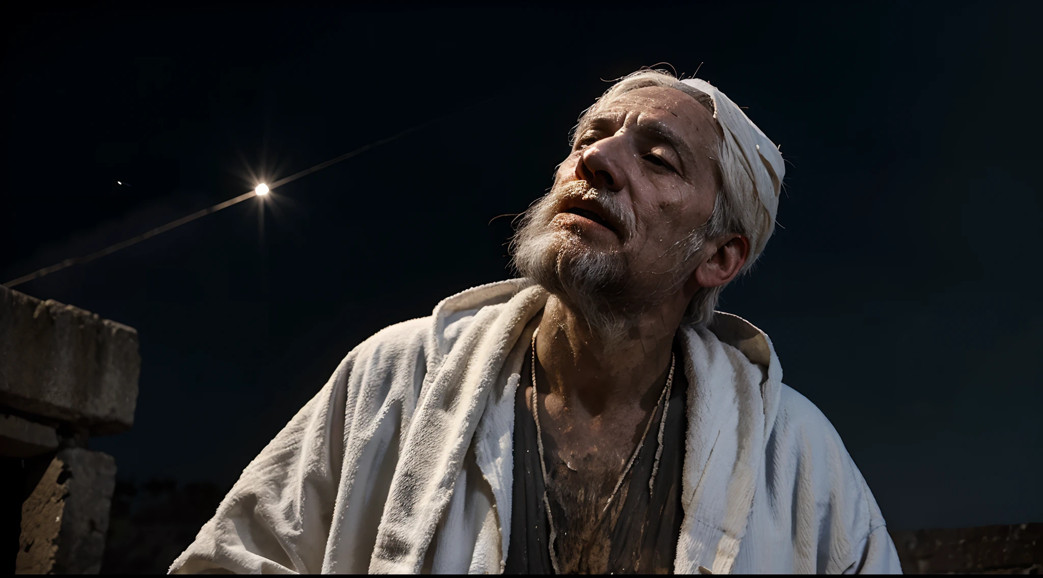 ancient Jewish apostle john(very old man) white hair (white dirty messy robes),looking up to the dark sky, a bright light shine at him in the night