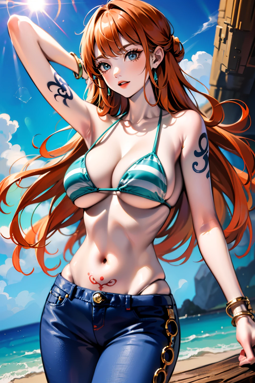 ((巨作)) ((Best Quality)) ((A highly detailed))  ((1Woman)) ((bikini)) ((bikini top only)) ((orange long hair)) ((silky long hair)) ((Right shoulder tattoo))  ((tall ;)) ((One Piece Nami)) ((Nami)) ((wet body)) ((big tits))  ((Attractive eyes)) ((sharp eyes)) ((slim body)) ((High-precision shades)) ((Attractive colors)) ((sky blue)) ((Log pose on her hand)) ((gold bracelets)) , tight , Low length jeans , Light shadows