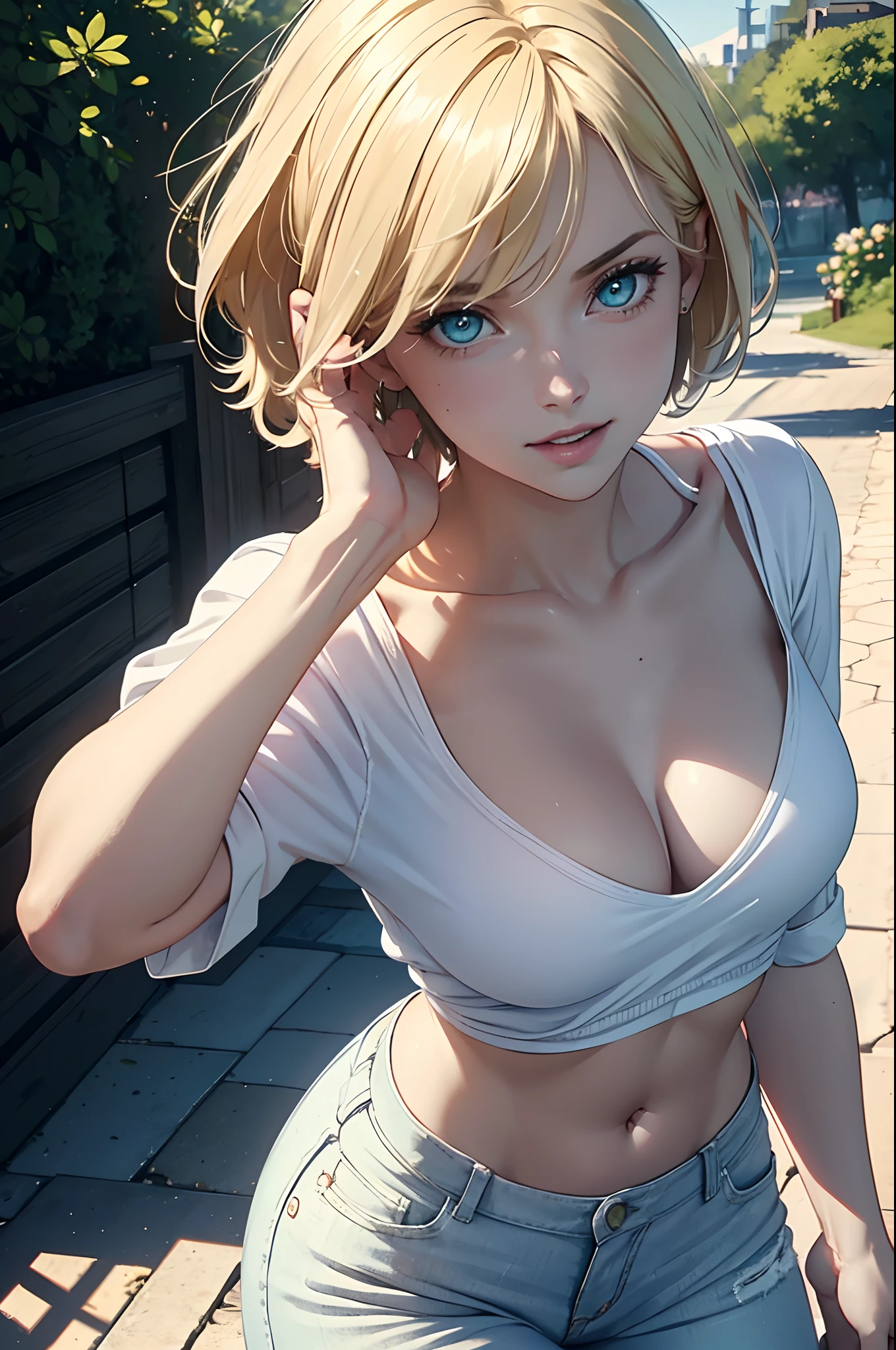 white young woman, blonde, green eyes, short hair, blue shirt, white pants, linda, town, cool pose, beautiful, beautiful eyes, mature, teeth, smile, (best quality, 4k, highres, masterpiece:1.2), ultra-detailed, realistic:1.37, HDR, studio lighting, extreme detail description, professional, vivid colors, bokeh, portraits, landscape, photography, concept artists, pastel color palette, soft sunlight