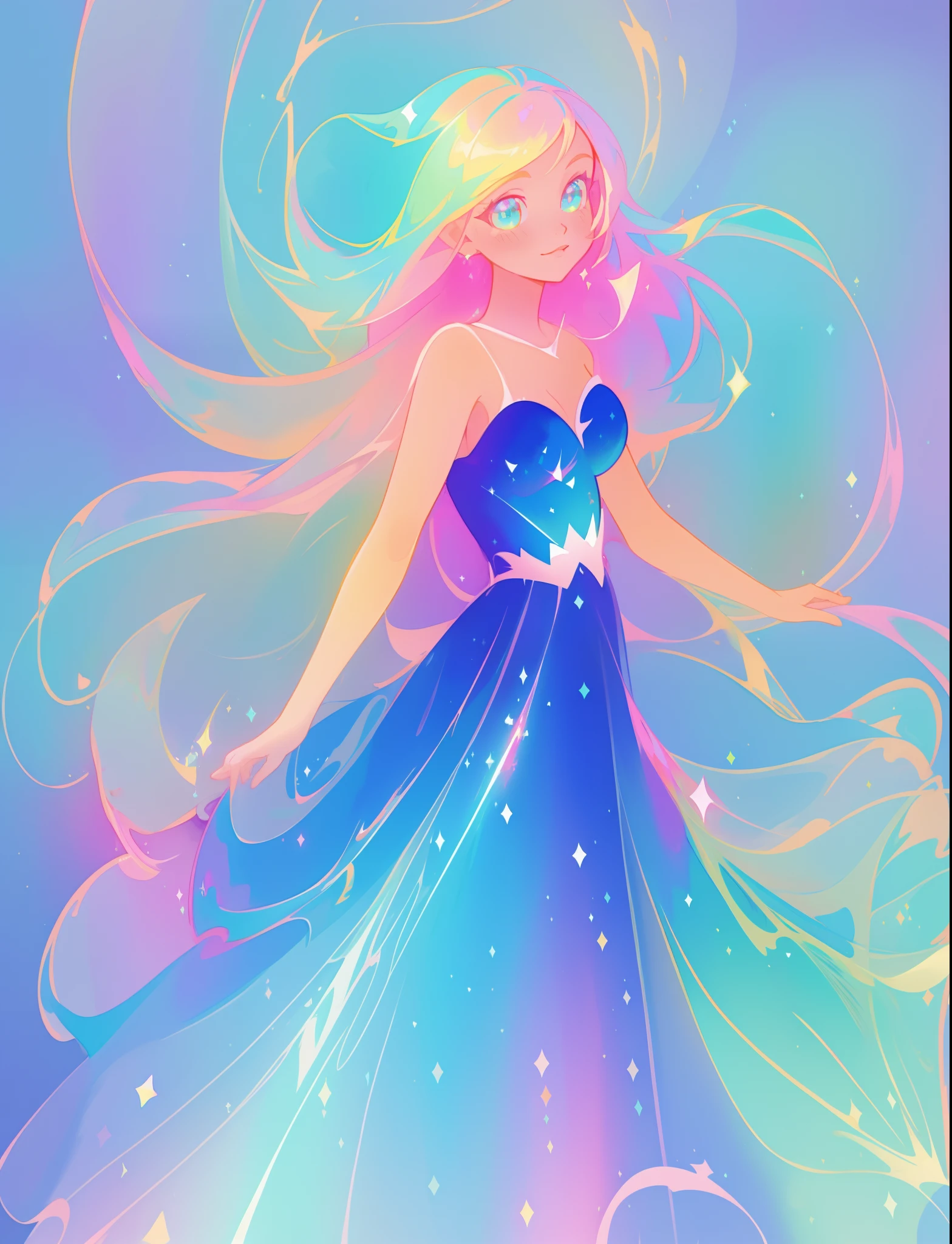 beautiful anime girl in colorful rainbow ballgown, ((sparkling)), vibrant pastel colors, (colorful), magical lights, flowing colorful hair, inspired by Glen Keane, inspired by Lois van Baarle, disney art style, by Lois van Baarle, glowing aura around her, by Glen Keane, jen bartel, glowing lights! digital painting, flowing glowing hair, glowing flowing hair, beautiful digital illustration, fantasia background, whimsical, magical, fantasy, beautiful face, ((masterpiece, best quality)), intricate details, highly detailed, sharp focus, 8k resolution, sparkling detailed eyes, liquid watercolor