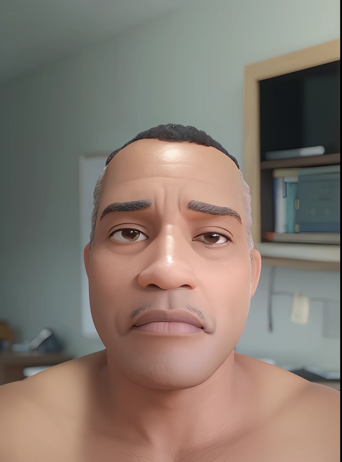 homem negro inspirado na Disney Pixar, Inspirado pelo pastor ( Rubens Janeiro ) A black short-haired man in an office with a book on the desk looking to the serious future, old man, cabelos baixo pequeno e preto, um terno