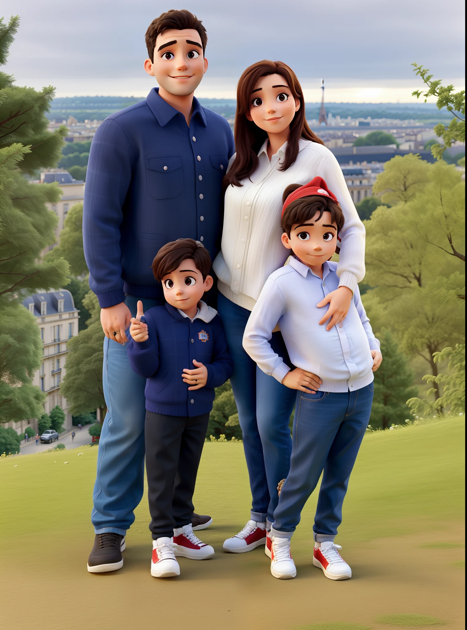 Family with young father, young mother, filho e filha e atras a torre eifel em Paris