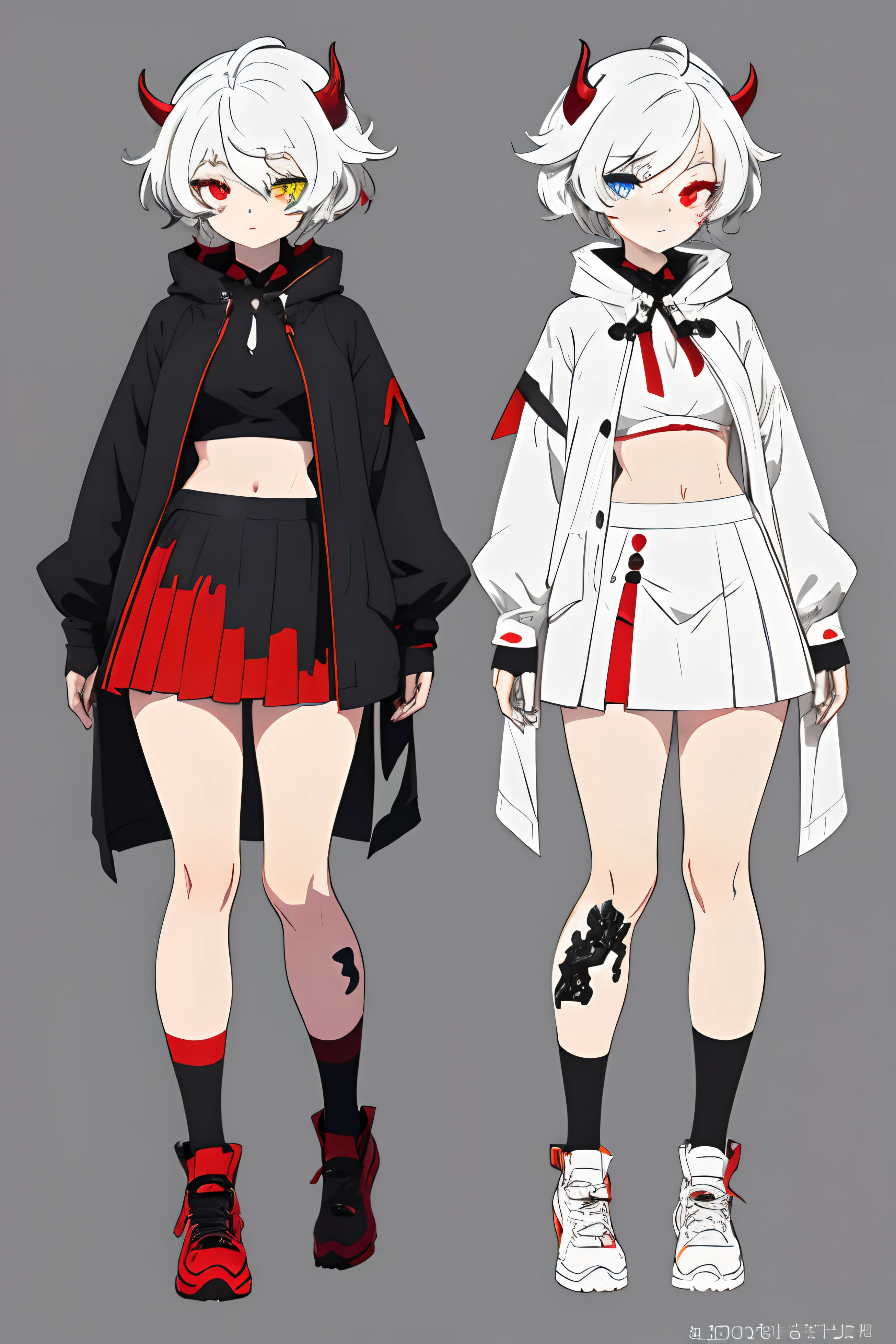 character, character sheet, adoptable sheet, OC, Original Character, Unique, stylistic, red, black, color theory, nice colors, demon, human, Original Character, slit eyes, style, indie style, trendy clothing, any skin color, grey background, pretty eyes, pretty, correct proportions, HQ, high quality, 4K, full body, heterochromia, red and white eyes, skirt, mid-length skirt, draconic vibe