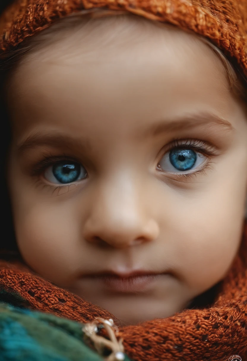 4-5 girl, with big, light blue eyes, fine features, and vitiligo reflected on the face as white freckles