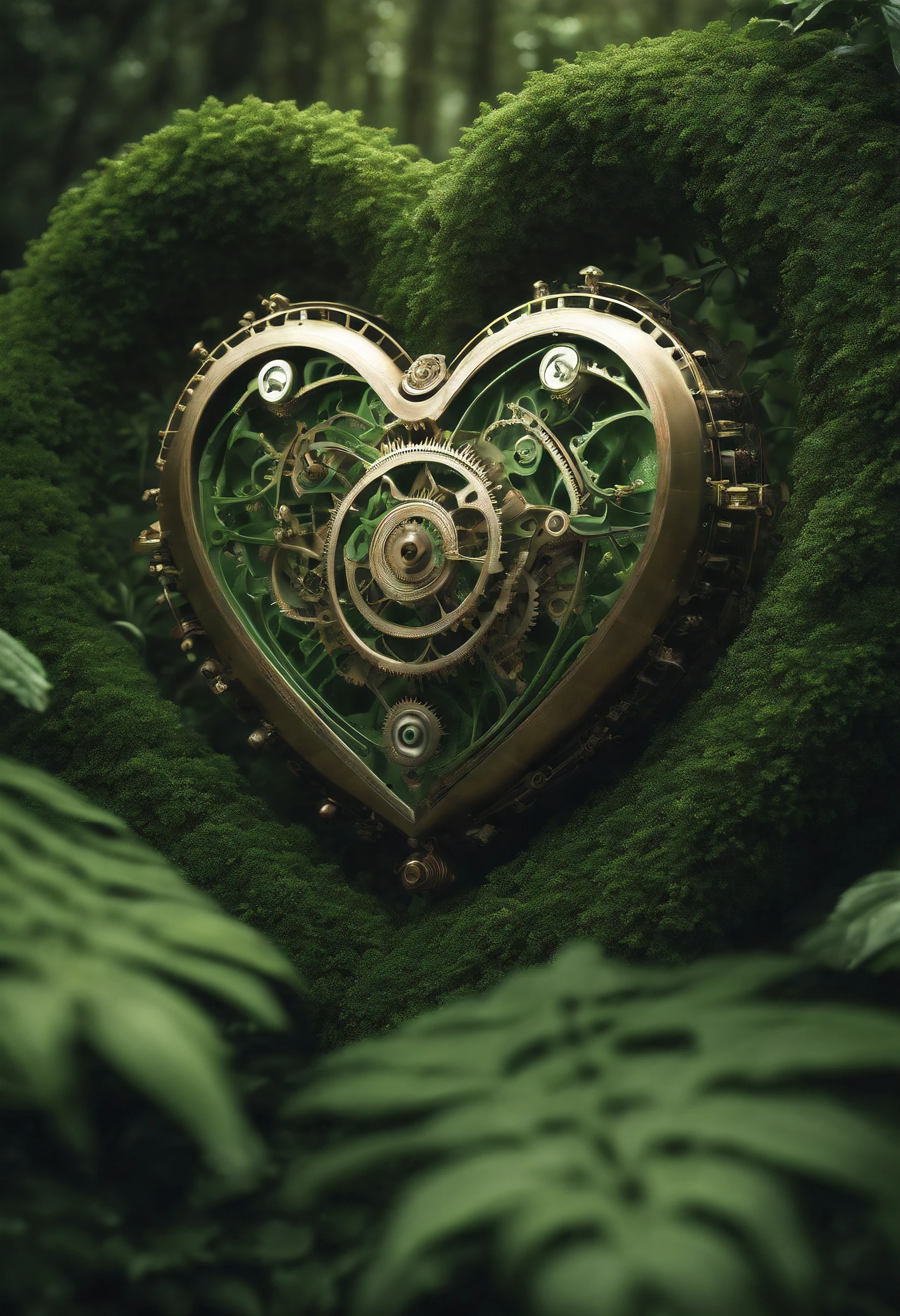 hyper realistic, extremely detailed, elegant intricate clockwork heart shaped 3d fractal in a lush green jungle