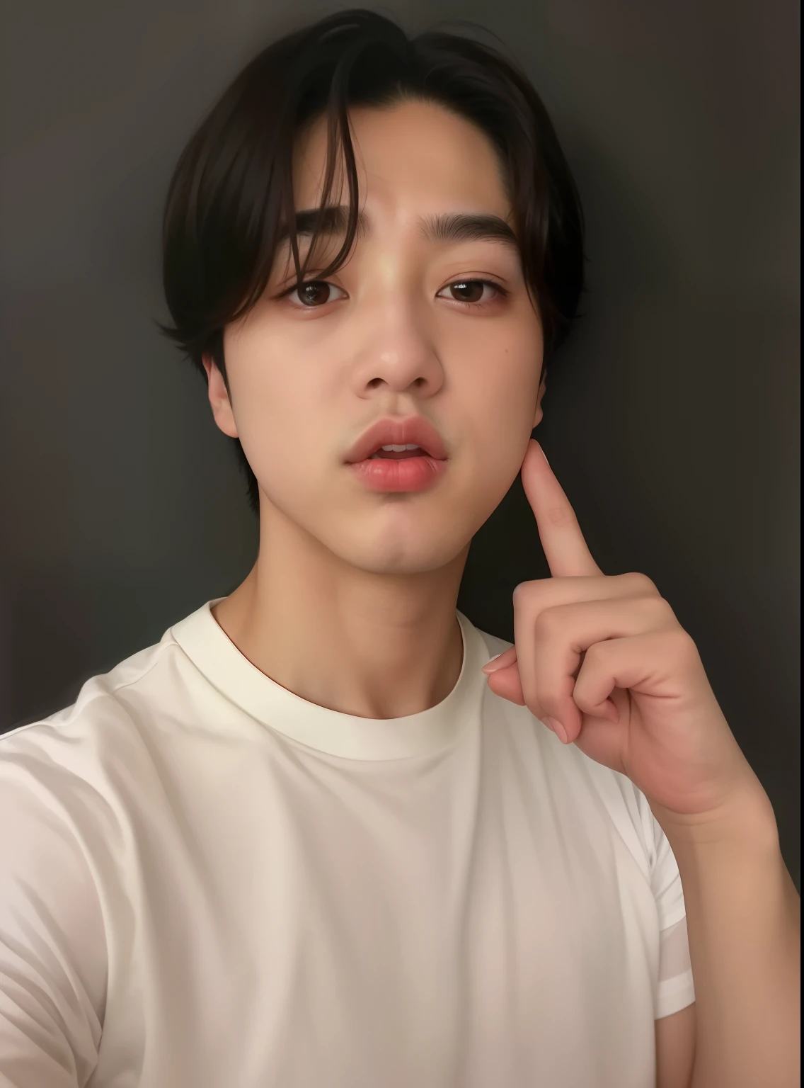 Homem com uma camisa branca e um dedo para cima, Jimin\Plump lips, Jimin, Rosto Jimin preciso, Parque Jimin, Jung Jaehyun, Jimin\'s right eyelid swollen, Jimin\Nariz grego, Kim Doyoung, Hyung Tae, TaeJune Kim, wan adorable korean face, Jinyoung Canela, foto de perfil headshot, Hong June Hyung