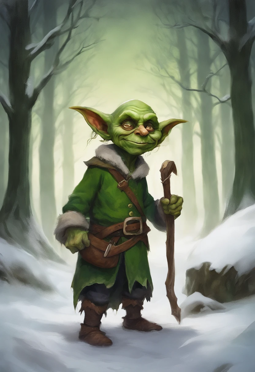 young, green-skinned, warmly dressed, (winter clothes, medieval clothes) goblin stands in the snow. The goblin is acting as a sentinel. The details of the goblin's warm clothes are visible, showing its worn nature. The green skin of the goblin is vibrant, emphasizing its otherworldly appearance. the goblin is young, about 20 years old, has a sharp, green, smart but slightly menacing face. The lighting in the scene is dim, with a subtle glow casting eerie shadows on the goblin's face and surroundings. The overall image quality is of the highest standard, with ultra-detailed textures and a photorealistic rendering. The artwork is depicted in a medium that best showcases its unique style and texture, whether it be an illustration, oil painting, 3D rendering, or photography. The color palette is dominated by earthy tones, with a focus on various shades of green to complement the goblin's appearance.