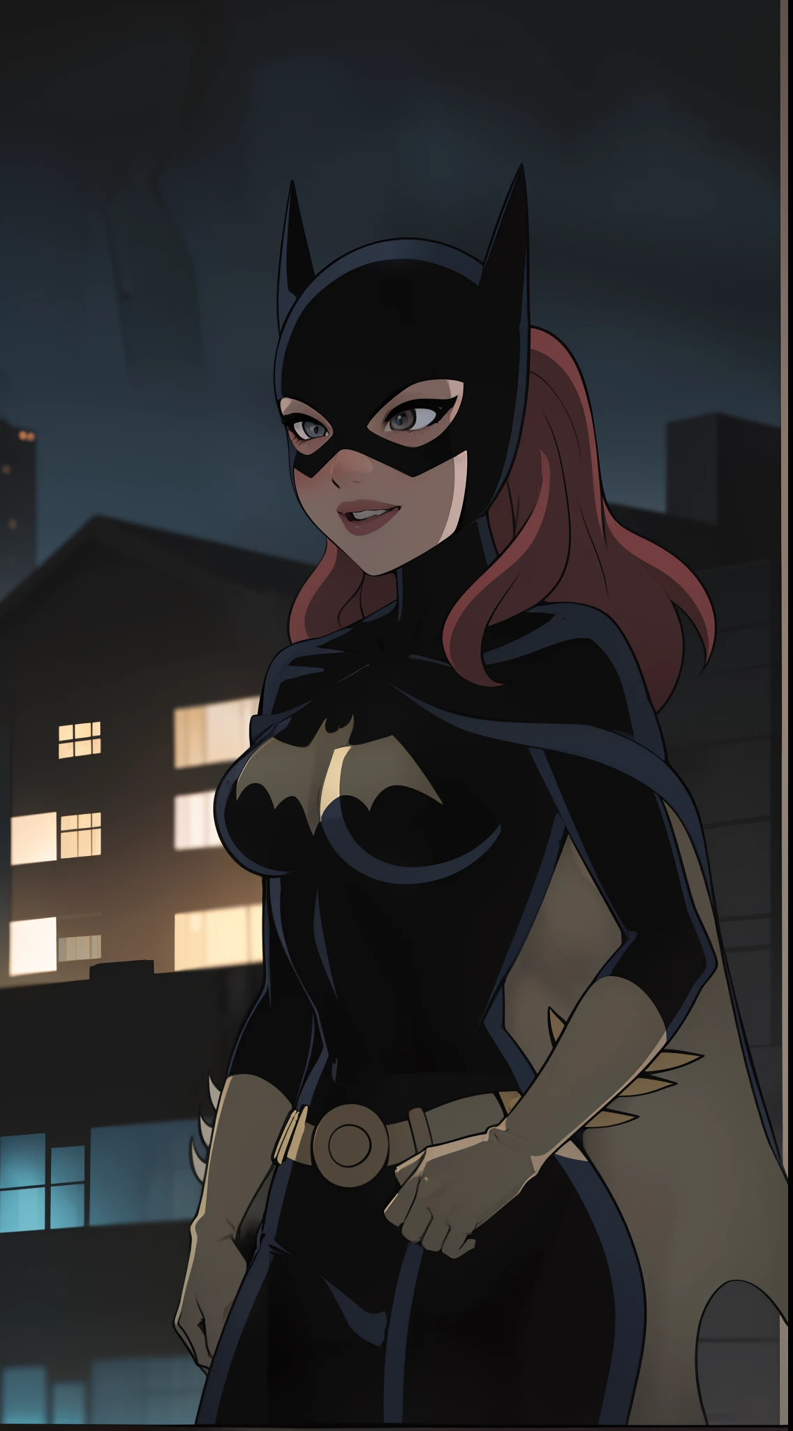 Buscar, Batgirlfit, cabelos muito longos, cabelos ruivos, cabelo entre os olhos, rabo de cavalo alto, Fechaduras laterais, Olhos azuis, Batgirl roupas brilhantes, impossible bodysuit, Pele apertada, bodysuit, Olhando para o Viewer sorrindo, (blush vermelho,irritado:1.2),(pernas musculosas:1.3), (She's on the rooftops of the city on a moonlit night )