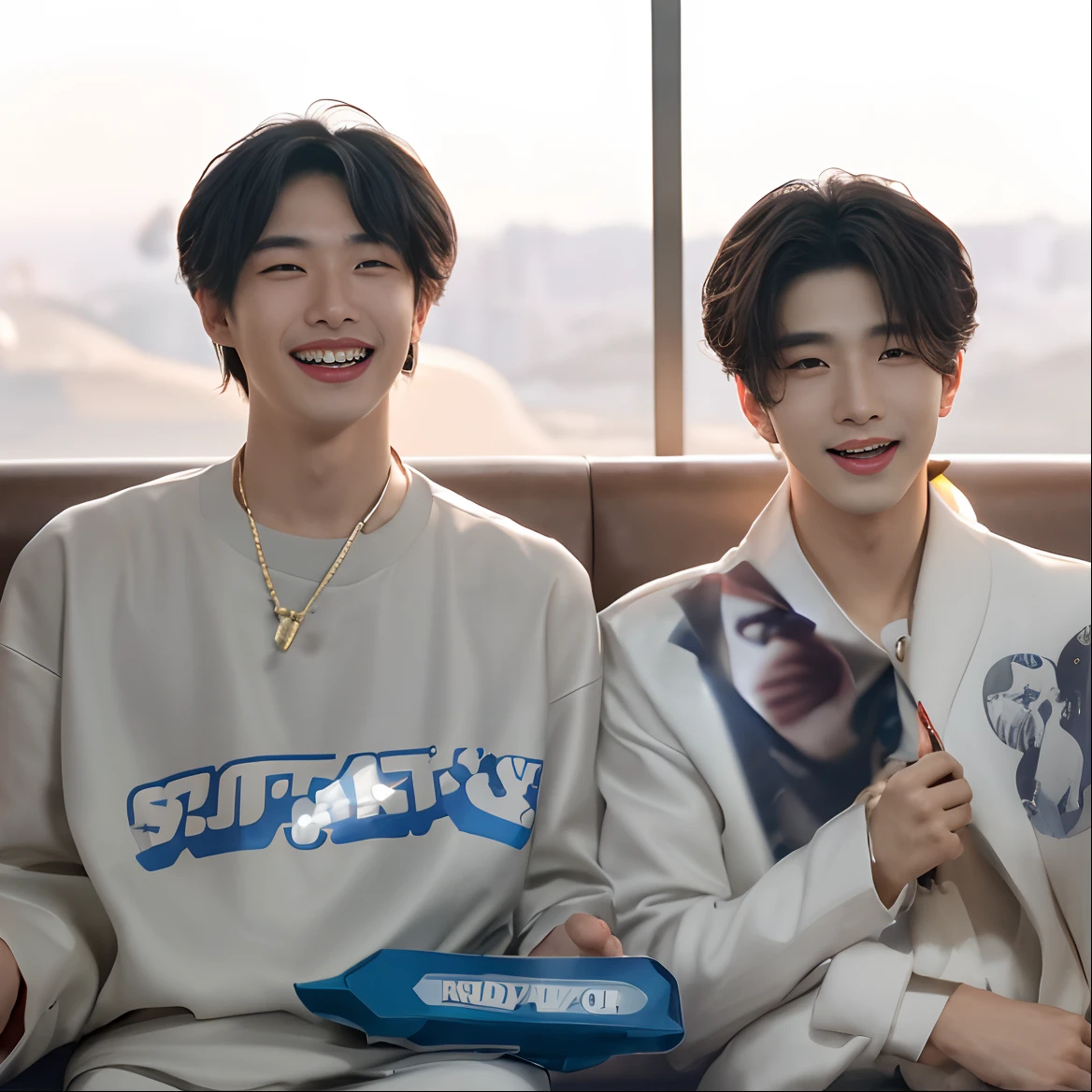 Two Asian men sitting on a sofa holding show signs and smiling, ambos rindo, ele tem um brilho vindo dele, Giga Chade chorando, Cai Xukun, 🐋 as 🐘 as 🤖 as 👽 as 🐳, Nixeu e Sakimichan, holding a 🛡 and an 🪓, KDA, ✨🕌🌙, XQC, background is a music festival, varias pessoas borrado