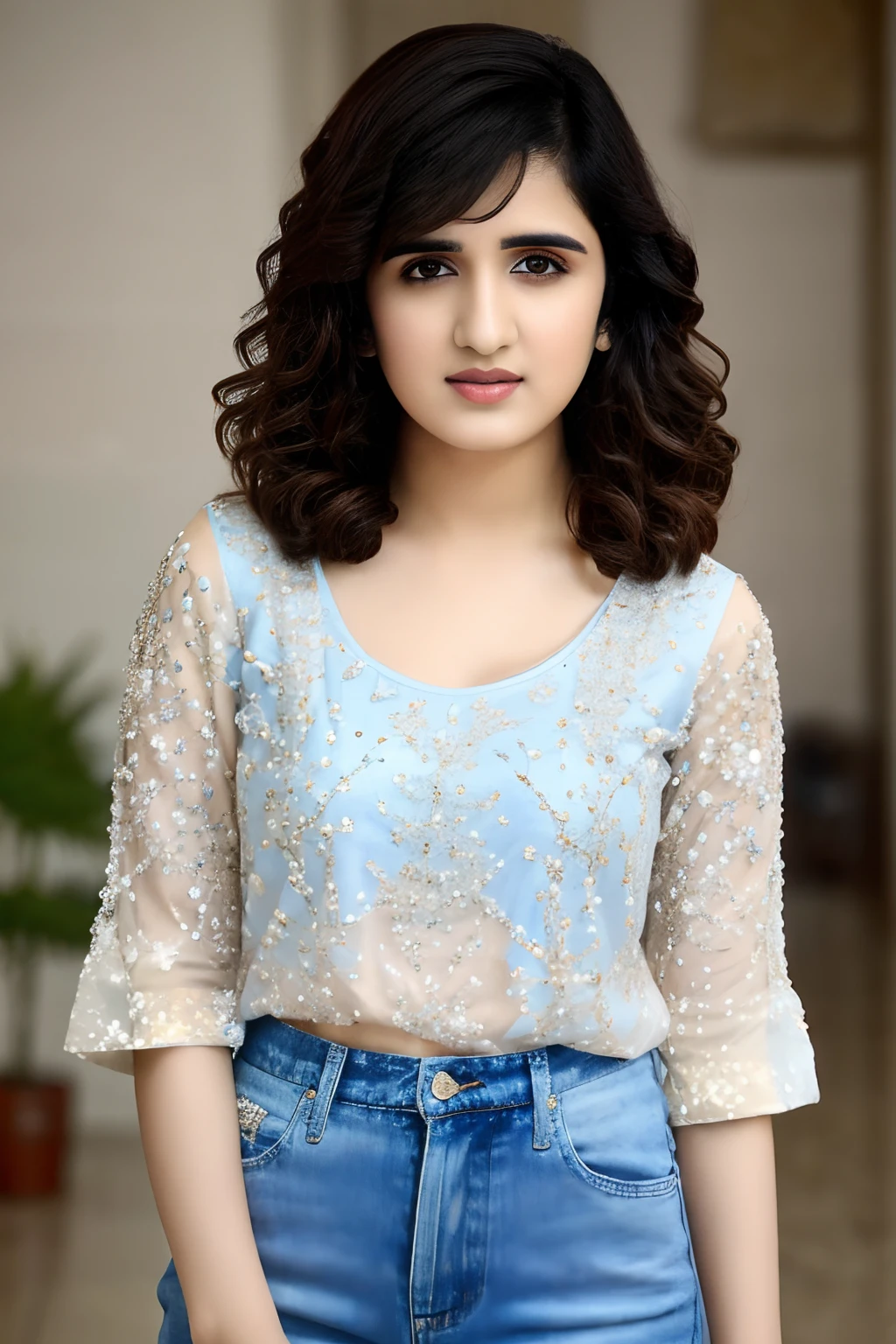 1girl, shirley setia, (photo of a woman), full body, detailed eyes, masterpiece, ((best quality)), eye contact, centered, full sleeves tshirt and blue jeans