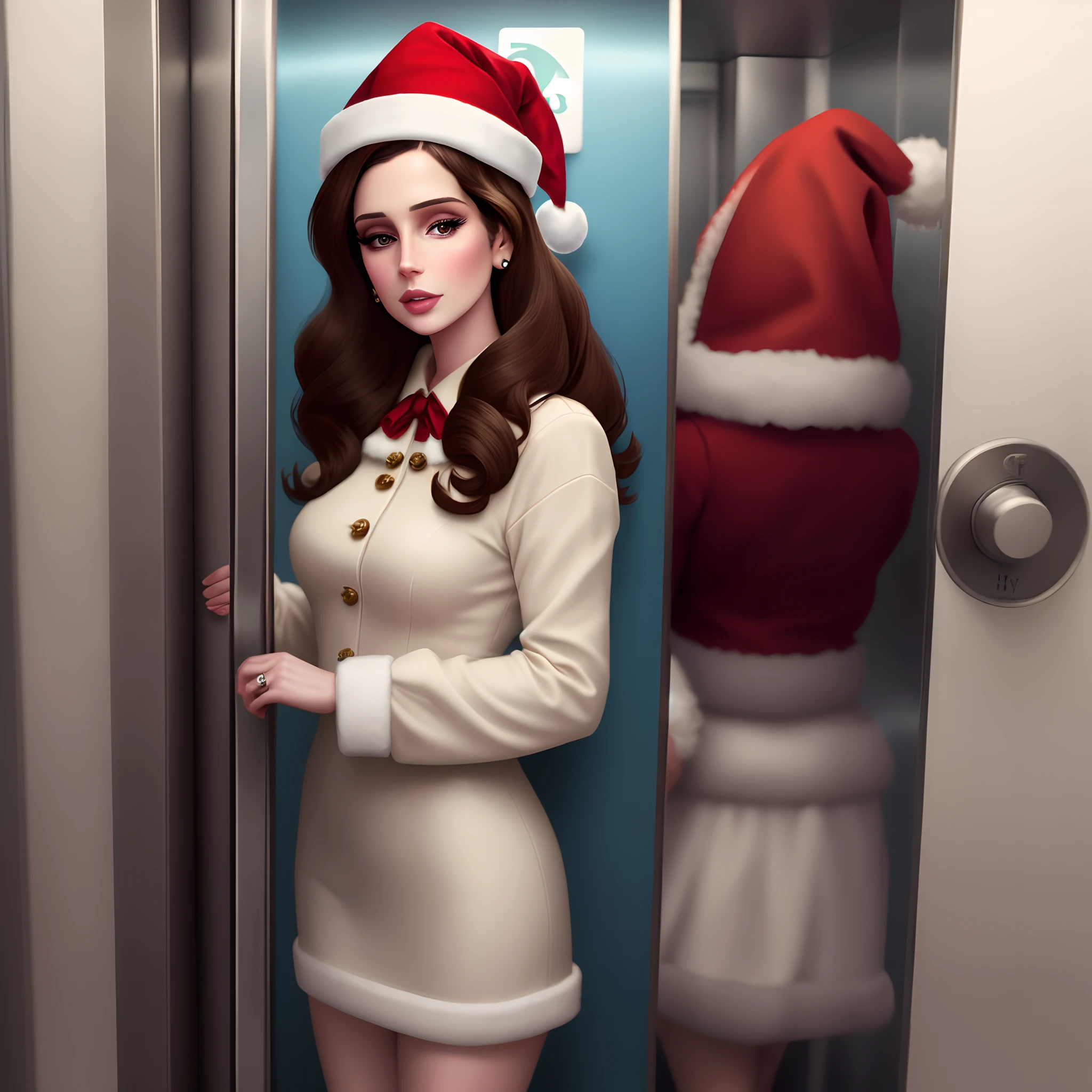 lana del rey standing in an elevator with a christmas hat on with 0.5 lense