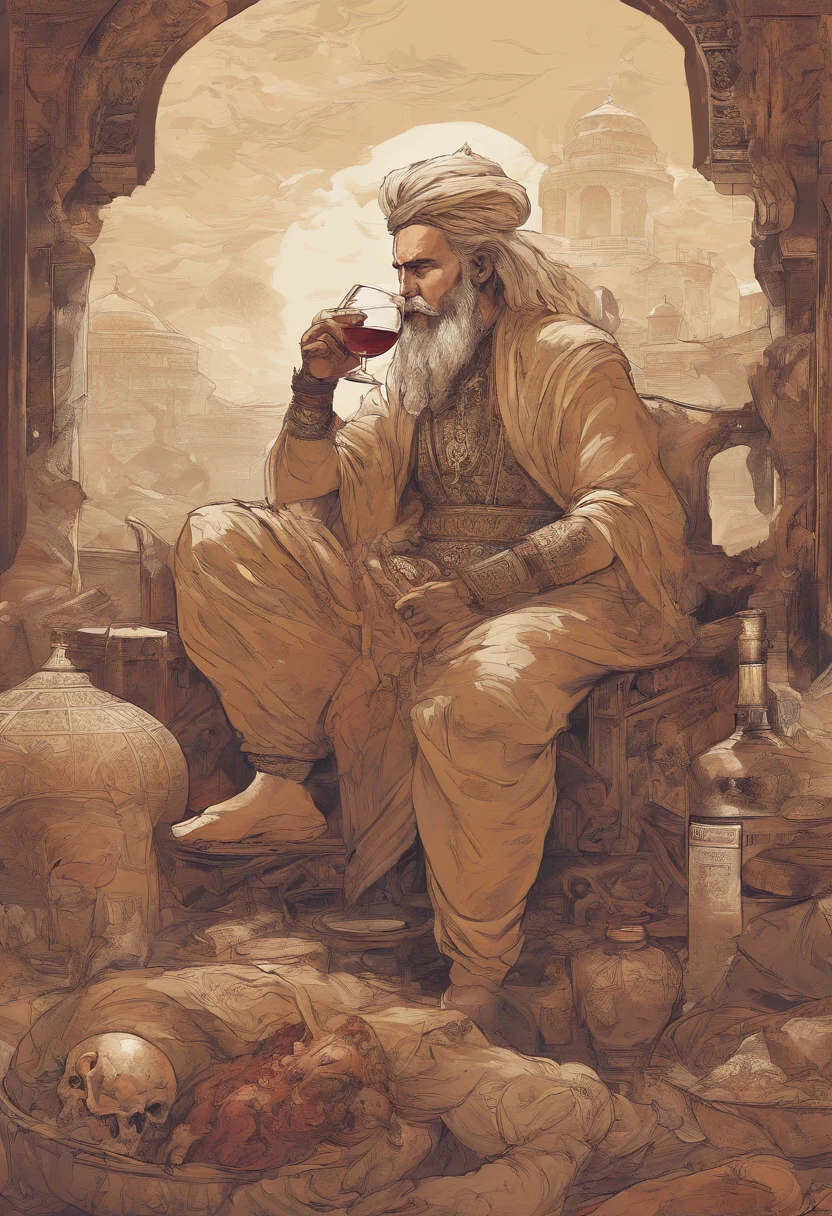 Shah Ismail Safavi with blond hair and beard drinking wine in the skull of Pishpak Khan Uzbek and the Ghazalbash beside her and eating the corpse of Pishpak Khan Uzbek