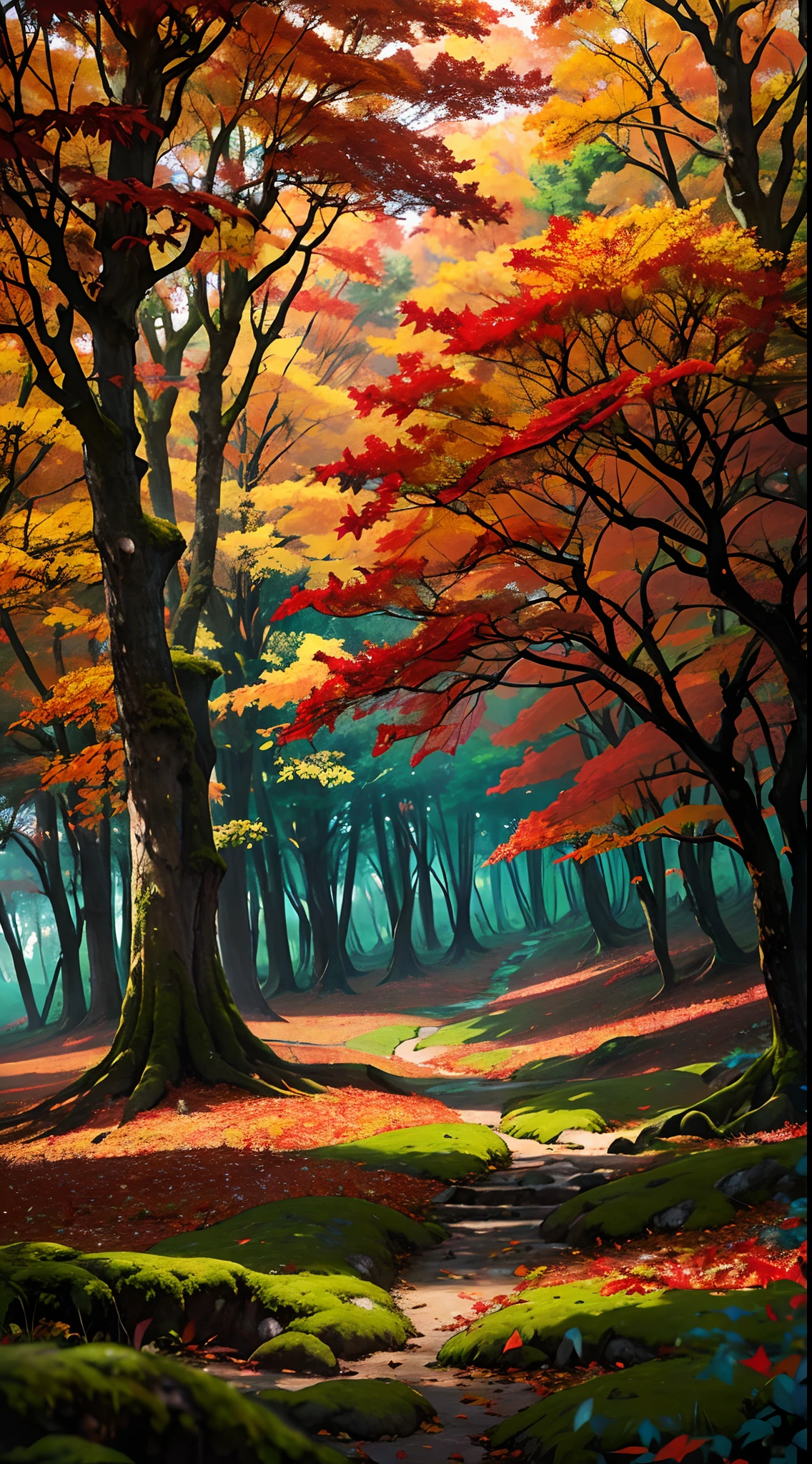 Autumn has woven its magic in the forest, turning the landscape into a tapestry of colors. The tall, ancient trees are adorned with leaves that range from deep maroon to vibrant scarlet, creating a striking contrast against the mossy green forest floor. Above, the sapphire sky peeks through the branches, completing this stunning autumn scene.