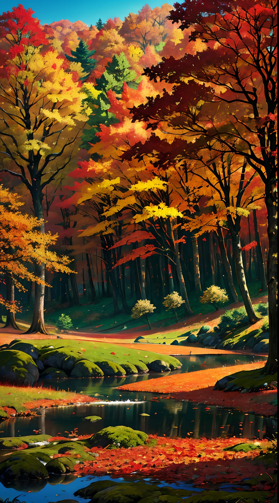 Autumn has woven its magic in the forest, turning the landscape into a tapestry of colors. The tall, ancient trees are adorned with leaves that range from deep maroon to vibrant scarlet, creating a striking contrast against the mossy green forest floor. Above, the sapphire sky peeks through the branches, completing this stunning autumn scene.