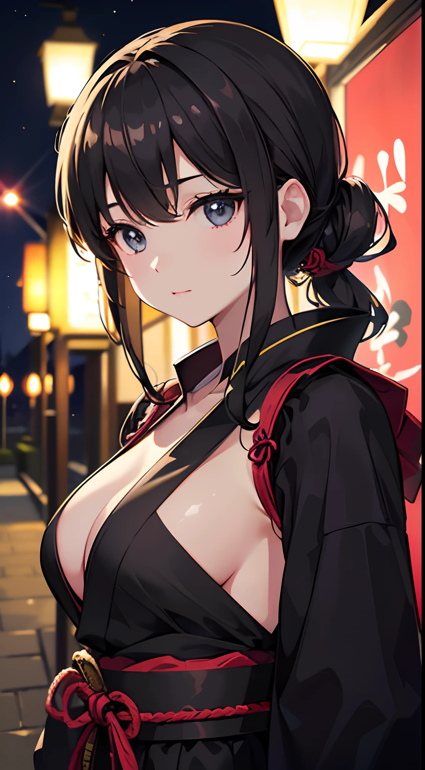 8K、masterpiece、hight resolution、absurderes、Natural Volumetric Lighting And Best Shadows、Deep Depth Of Field、foco nítido、soft delicate beautiful attractive face、kawaii girl、medium chest、((Ninja Costume))、Exterior of Japan Garden at night