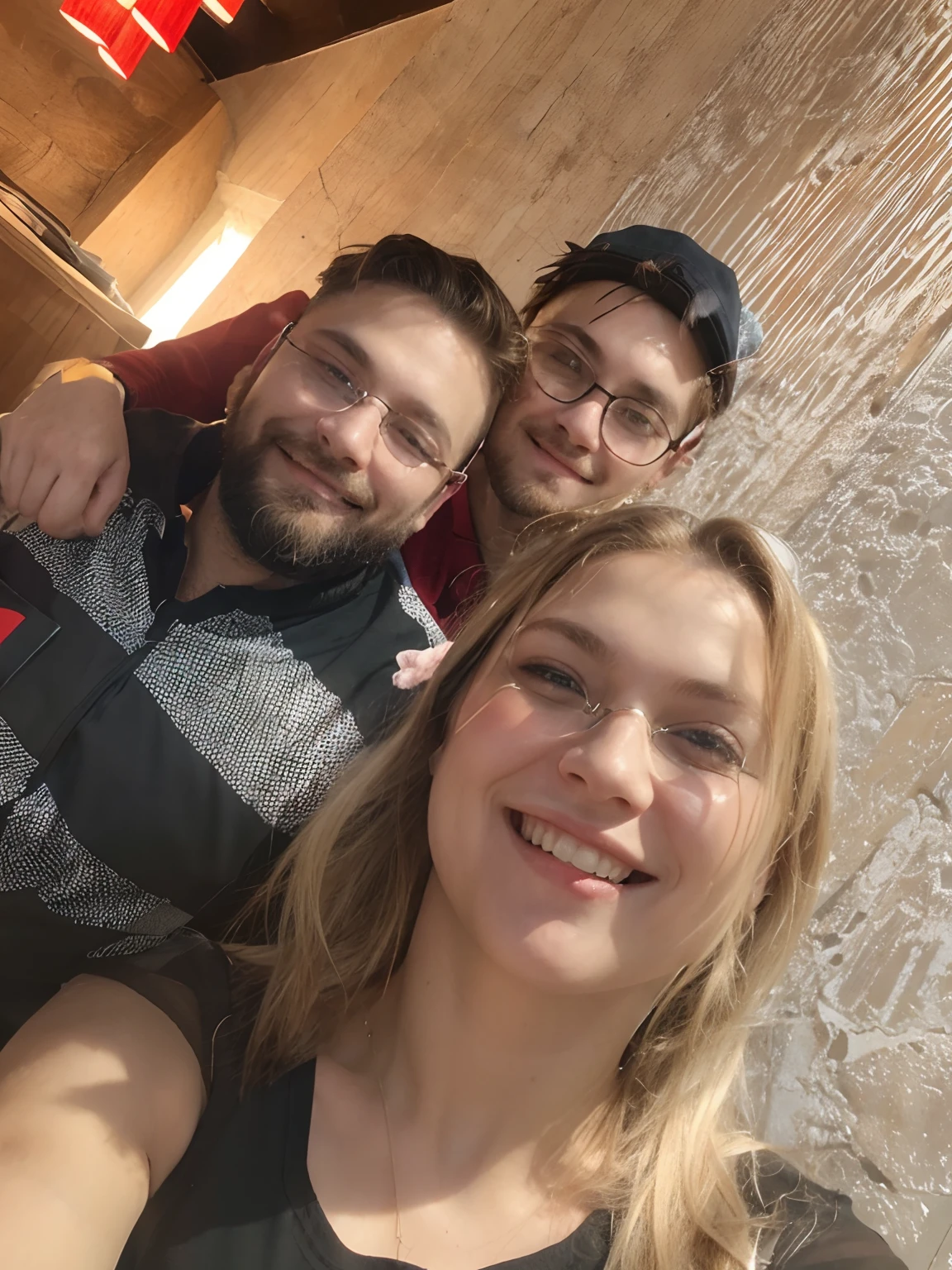 A man with beard and cap, a blonde woman smiling, A seriously boy with glasses, everybody is happy.