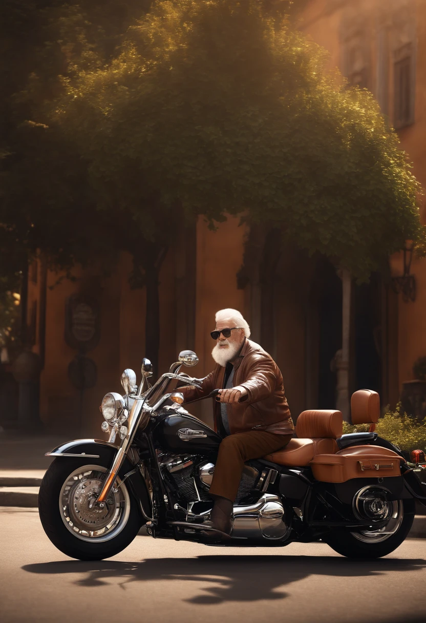 (best quality,3D rendering:1.2),Elderly man with glasses riding a Harley Davidson 883,Disney Pixar Style Poster, motocicleta, 3 d illustration, cores vibrantes, aventura, viagem, dynamic pose, arousal, Youthful spirit, velocidade, vento soprando, Detailed rendering, mostrar a sabedoria e a energia do personagem, nostalgic atmosphere