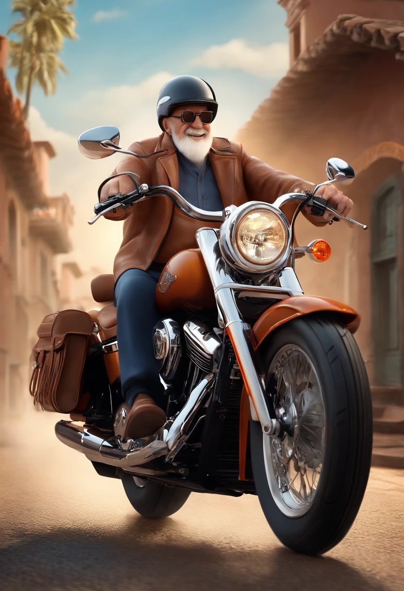 (best quality,3D rendering:1.2),Elderly man with glasses riding a Harley Davidson 883,Disney Pixar Style Poster, motocicleta, 3 d illustration, cores vibrantes, aventura, viagem, dynamic pose, arousal, Youthful spirit, velocidade, vento soprando, Detailed rendering, mostrar a sabedoria e a energia do personagem, nostalgic atmosphere