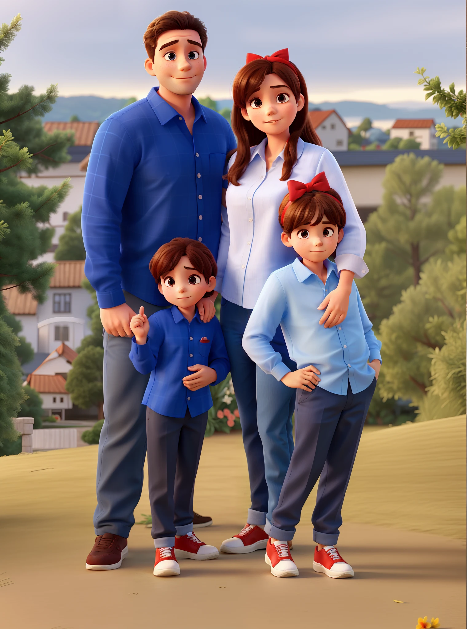 Family with young father, young mother, 6-year-old son in blue shirt and daughter in white shirt with red bow on her head with hair tied and fallen to her shoulders