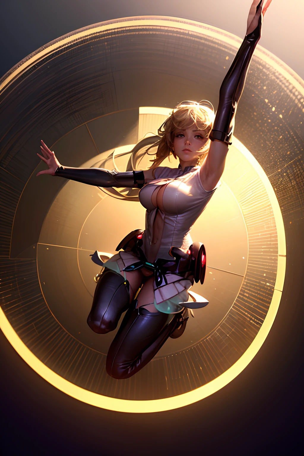 (Obra maestra:1.2), (La mejor calidad:1.2), Perfect lighting, Chica Maga Oscura lanzando un hechizo, flotando en el aire, Levitating over a magic circle , Portal de Circle, tetas grandes, escote abierto, fondo de magia. Pose sejustiva y sexy