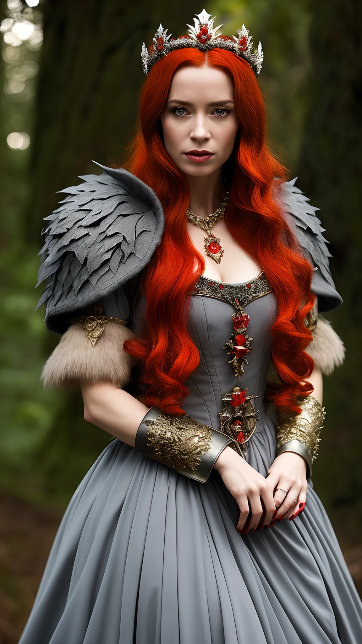 (solo), (best quality:1.4), a close up of a woman with red hair wearing a crown, beautiful vampire female queen, the red queen, by Elena Guro, redhead queen in [heavy red armor], diablo 4 queen, portrait of emily blunt as queen, wearing crown, in style of anne stokes, by Nikita Veprikov, queen of the forest, red haired goddess, as a medieval fantasy character, (:dress of grey graphite color:1.3)