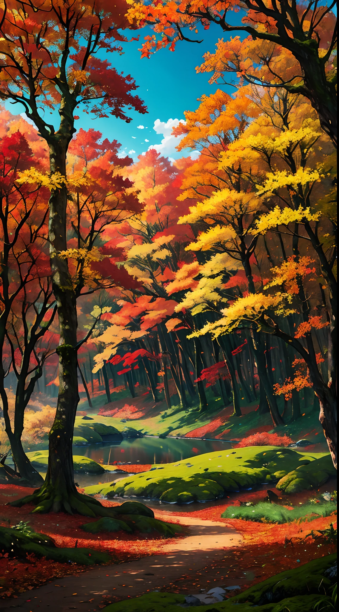Autumn has woven its magic in the forest, turning the landscape into a tapestry of colors. The tall, ancient trees are adorned with leaves that range from deep maroon to vibrant scarlet, creating a striking contrast against the mossy green forest floor. Above, the sapphire sky peeks through the branches, completing this stunning autumn scene.